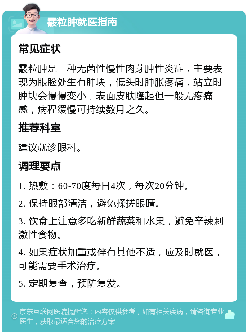 霰粒肿就医指南 常见症状 霰粒肿是一种无菌性慢性肉芽肿性炎症，主要表现为眼睑处生有肿块，低头时肿胀疼痛，站立时肿块会慢慢变小，表面皮肤隆起但一般无疼痛感，病程缓慢可持续数月之久。 推荐科室 建议就诊眼科。 调理要点 1. 热敷：60-70度每日4次，每次20分钟。 2. 保持眼部清洁，避免揉搓眼睛。 3. 饮食上注意多吃新鲜蔬菜和水果，避免辛辣刺激性食物。 4. 如果症状加重或伴有其他不适，应及时就医，可能需要手术治疗。 5. 定期复查，预防复发。