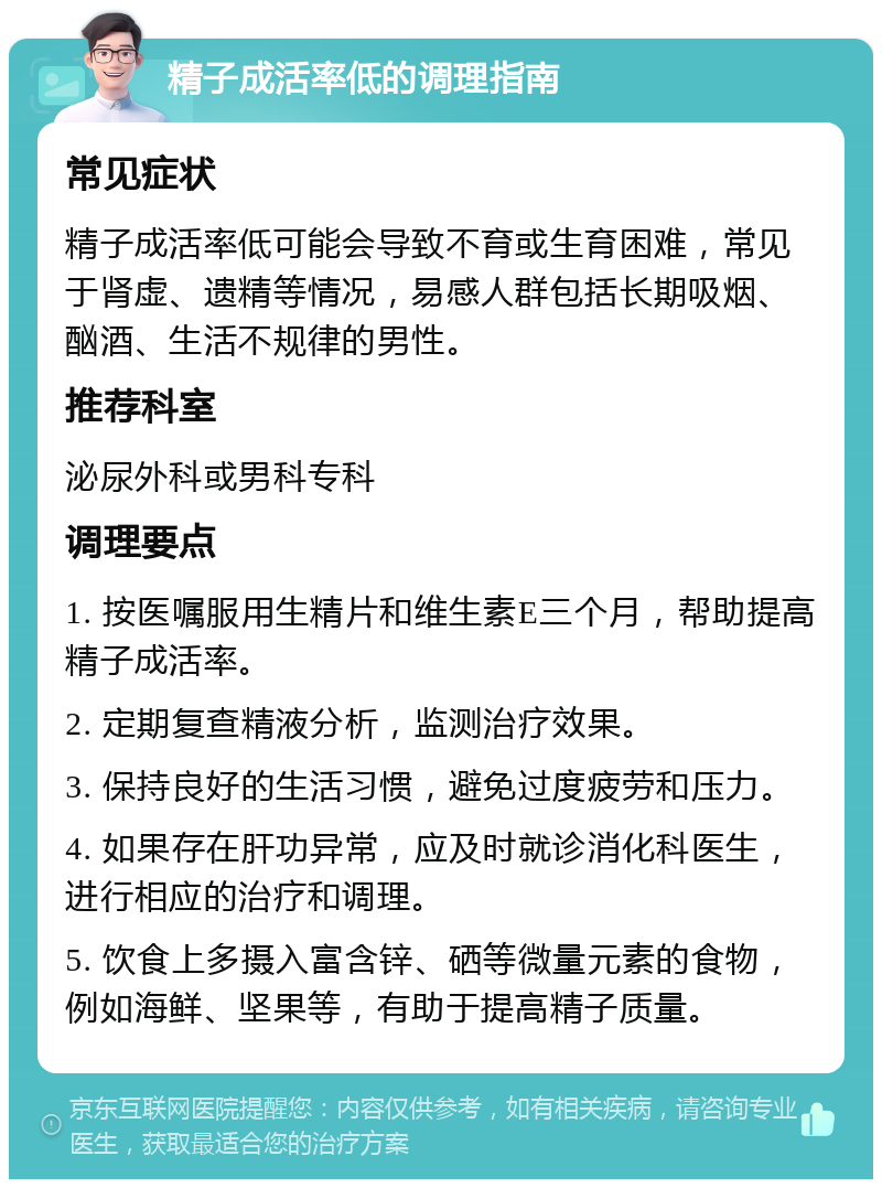 精子成活率低的调理指南 常见症状 精子成活率低可能会导致不育或生育困难，常见于肾虚、遗精等情况，易感人群包括长期吸烟、酗酒、生活不规律的男性。 推荐科室 泌尿外科或男科专科 调理要点 1. 按医嘱服用生精片和维生素E三个月，帮助提高精子成活率。 2. 定期复查精液分析，监测治疗效果。 3. 保持良好的生活习惯，避免过度疲劳和压力。 4. 如果存在肝功异常，应及时就诊消化科医生，进行相应的治疗和调理。 5. 饮食上多摄入富含锌、硒等微量元素的食物，例如海鲜、坚果等，有助于提高精子质量。