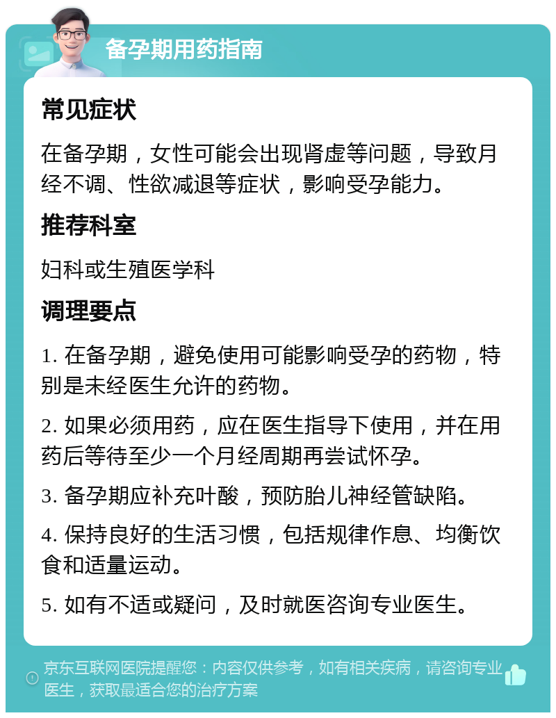 备孕期用药指南 常见症状 在备孕期，女性可能会出现肾虚等问题，导致月经不调、性欲减退等症状，影响受孕能力。 推荐科室 妇科或生殖医学科 调理要点 1. 在备孕期，避免使用可能影响受孕的药物，特别是未经医生允许的药物。 2. 如果必须用药，应在医生指导下使用，并在用药后等待至少一个月经周期再尝试怀孕。 3. 备孕期应补充叶酸，预防胎儿神经管缺陷。 4. 保持良好的生活习惯，包括规律作息、均衡饮食和适量运动。 5. 如有不适或疑问，及时就医咨询专业医生。