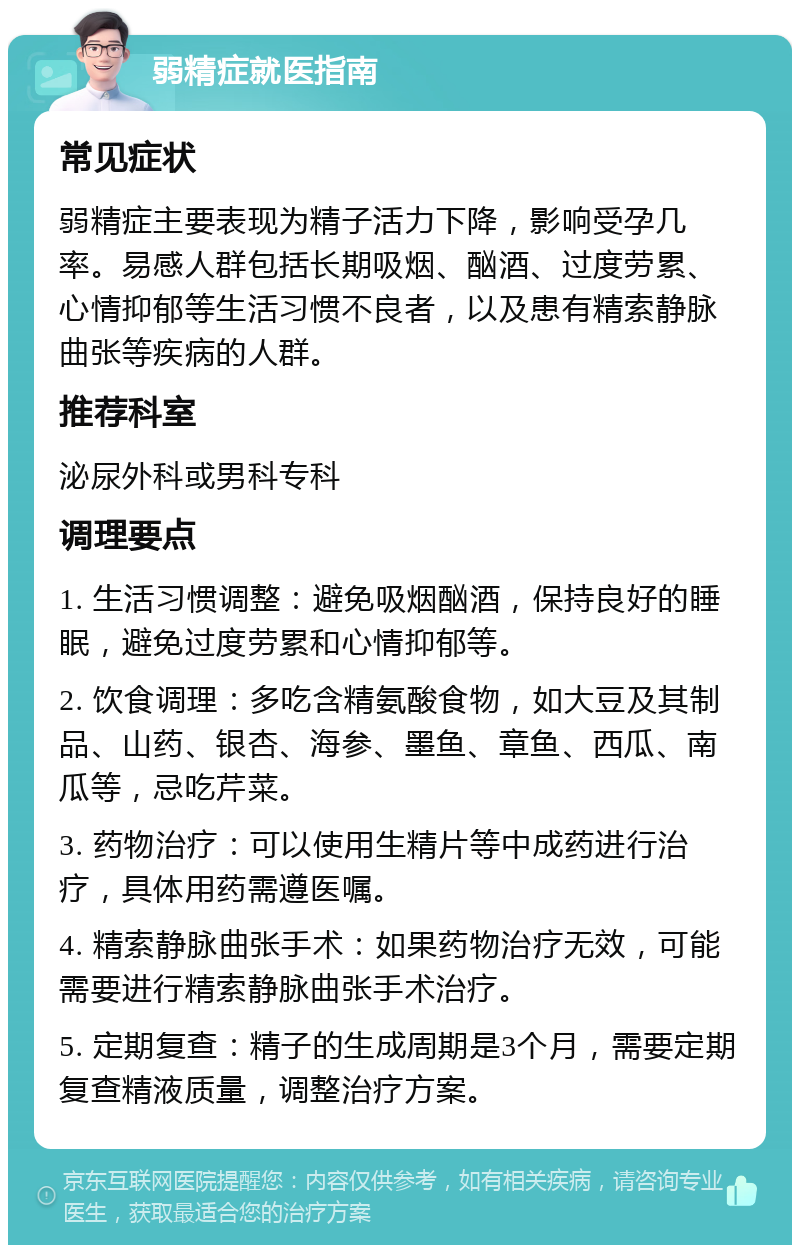 弱精症就医指南 常见症状 弱精症主要表现为精子活力下降，影响受孕几率。易感人群包括长期吸烟、酗酒、过度劳累、心情抑郁等生活习惯不良者，以及患有精索静脉曲张等疾病的人群。 推荐科室 泌尿外科或男科专科 调理要点 1. 生活习惯调整：避免吸烟酗酒，保持良好的睡眠，避免过度劳累和心情抑郁等。 2. 饮食调理：多吃含精氨酸食物，如大豆及其制品、山药、银杏、海参、墨鱼、章鱼、西瓜、南瓜等，忌吃芹菜。 3. 药物治疗：可以使用生精片等中成药进行治疗，具体用药需遵医嘱。 4. 精索静脉曲张手术：如果药物治疗无效，可能需要进行精索静脉曲张手术治疗。 5. 定期复查：精子的生成周期是3个月，需要定期复查精液质量，调整治疗方案。