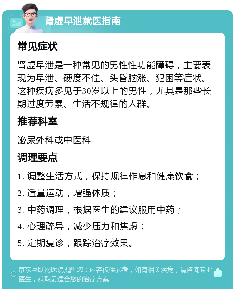 肾虚早泄就医指南 常见症状 肾虚早泄是一种常见的男性性功能障碍，主要表现为早泄、硬度不佳、头昏脑涨、犯困等症状。这种疾病多见于30岁以上的男性，尤其是那些长期过度劳累、生活不规律的人群。 推荐科室 泌尿外科或中医科 调理要点 1. 调整生活方式，保持规律作息和健康饮食； 2. 适量运动，增强体质； 3. 中药调理，根据医生的建议服用中药； 4. 心理疏导，减少压力和焦虑； 5. 定期复诊，跟踪治疗效果。