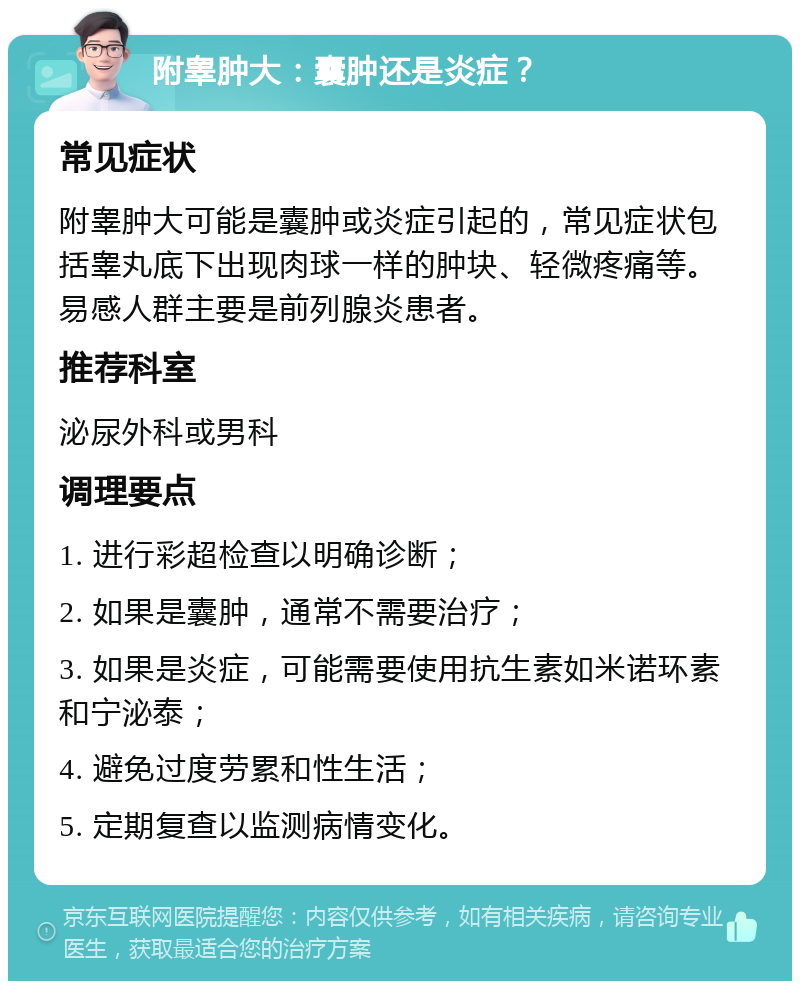 附睾肿大：囊肿还是炎症？ 常见症状 附睾肿大可能是囊肿或炎症引起的，常见症状包括睾丸底下出现肉球一样的肿块、轻微疼痛等。易感人群主要是前列腺炎患者。 推荐科室 泌尿外科或男科 调理要点 1. 进行彩超检查以明确诊断； 2. 如果是囊肿，通常不需要治疗； 3. 如果是炎症，可能需要使用抗生素如米诺环素和宁泌泰； 4. 避免过度劳累和性生活； 5. 定期复查以监测病情变化。