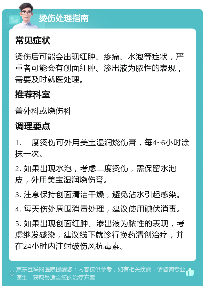 烫伤处理指南 常见症状 烫伤后可能会出现红肿、疼痛、水泡等症状，严重者可能会有创面红肿、渗出液为脓性的表现，需要及时就医处理。 推荐科室 普外科或烧伤科 调理要点 1. 一度烫伤可外用美宝湿润烧伤膏，每4~6小时涂抹一次。 2. 如果出现水泡，考虑二度烫伤，需保留水泡皮，外用美宝湿润烧伤膏。 3. 注意保持创面清洁干燥，避免沾水引起感染。 4. 每天伤处周围消毒处理，建议使用碘伏消毒。 5. 如果出现创面红肿、渗出液为脓性的表现，考虑继发感染，建议线下就诊行换药清创治疗，并在24小时内注射破伤风抗毒素。