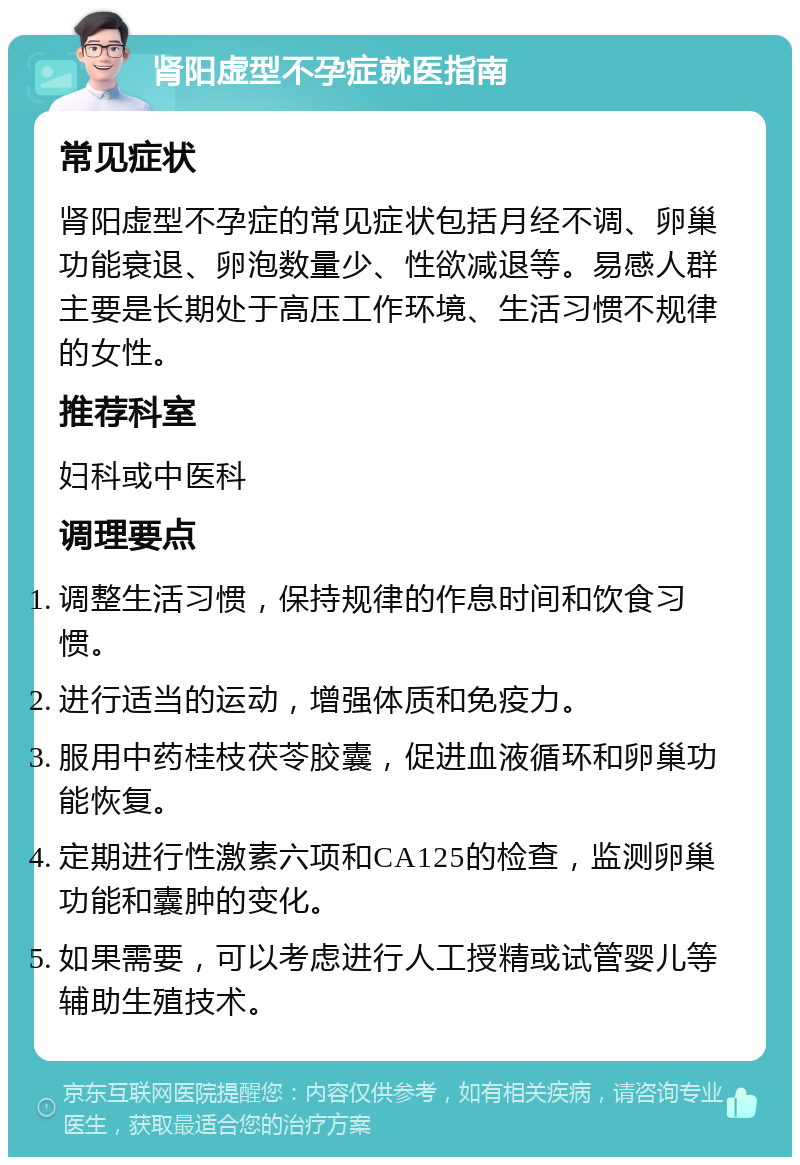 肾阳虚型不孕症就医指南 常见症状 肾阳虚型不孕症的常见症状包括月经不调、卵巢功能衰退、卵泡数量少、性欲减退等。易感人群主要是长期处于高压工作环境、生活习惯不规律的女性。 推荐科室 妇科或中医科 调理要点 调整生活习惯，保持规律的作息时间和饮食习惯。 进行适当的运动，增强体质和免疫力。 服用中药桂枝茯苓胶囊，促进血液循环和卵巢功能恢复。 定期进行性激素六项和CA125的检查，监测卵巢功能和囊肿的变化。 如果需要，可以考虑进行人工授精或试管婴儿等辅助生殖技术。