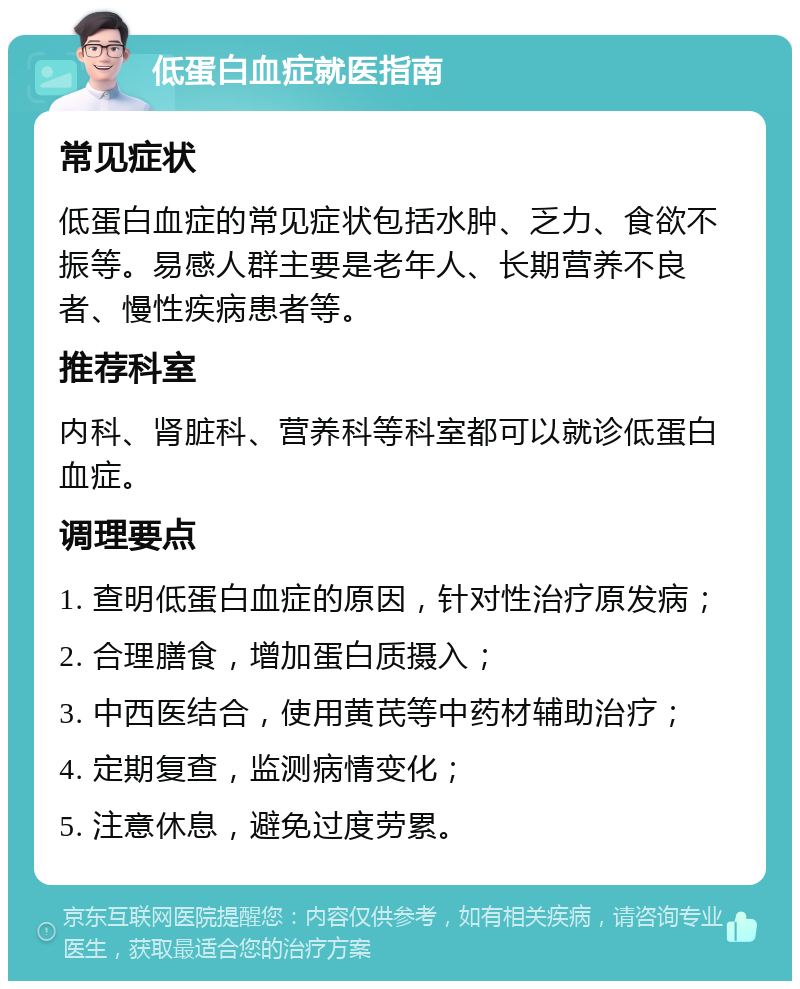 低蛋白血症就医指南 常见症状 低蛋白血症的常见症状包括水肿、乏力、食欲不振等。易感人群主要是老年人、长期营养不良者、慢性疾病患者等。 推荐科室 内科、肾脏科、营养科等科室都可以就诊低蛋白血症。 调理要点 1. 查明低蛋白血症的原因，针对性治疗原发病； 2. 合理膳食，增加蛋白质摄入； 3. 中西医结合，使用黄芪等中药材辅助治疗； 4. 定期复查，监测病情变化； 5. 注意休息，避免过度劳累。