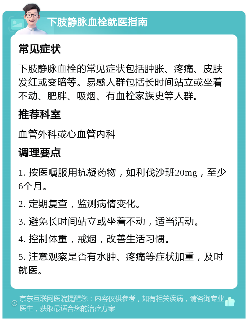 下肢静脉血栓就医指南 常见症状 下肢静脉血栓的常见症状包括肿胀、疼痛、皮肤发红或变暗等。易感人群包括长时间站立或坐着不动、肥胖、吸烟、有血栓家族史等人群。 推荐科室 血管外科或心血管内科 调理要点 1. 按医嘱服用抗凝药物，如利伐沙班20mg，至少6个月。 2. 定期复查，监测病情变化。 3. 避免长时间站立或坐着不动，适当活动。 4. 控制体重，戒烟，改善生活习惯。 5. 注意观察是否有水肿、疼痛等症状加重，及时就医。