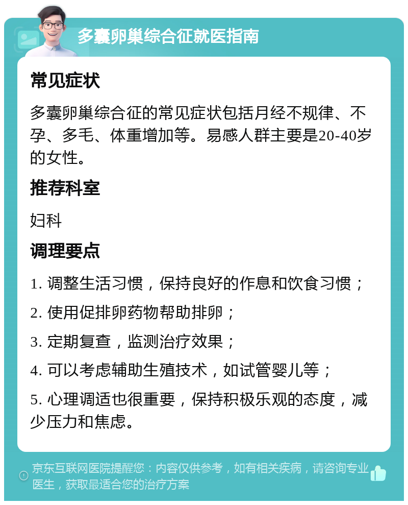 多囊卵巢综合征就医指南 常见症状 多囊卵巢综合征的常见症状包括月经不规律、不孕、多毛、体重增加等。易感人群主要是20-40岁的女性。 推荐科室 妇科 调理要点 1. 调整生活习惯，保持良好的作息和饮食习惯； 2. 使用促排卵药物帮助排卵； 3. 定期复查，监测治疗效果； 4. 可以考虑辅助生殖技术，如试管婴儿等； 5. 心理调适也很重要，保持积极乐观的态度，减少压力和焦虑。