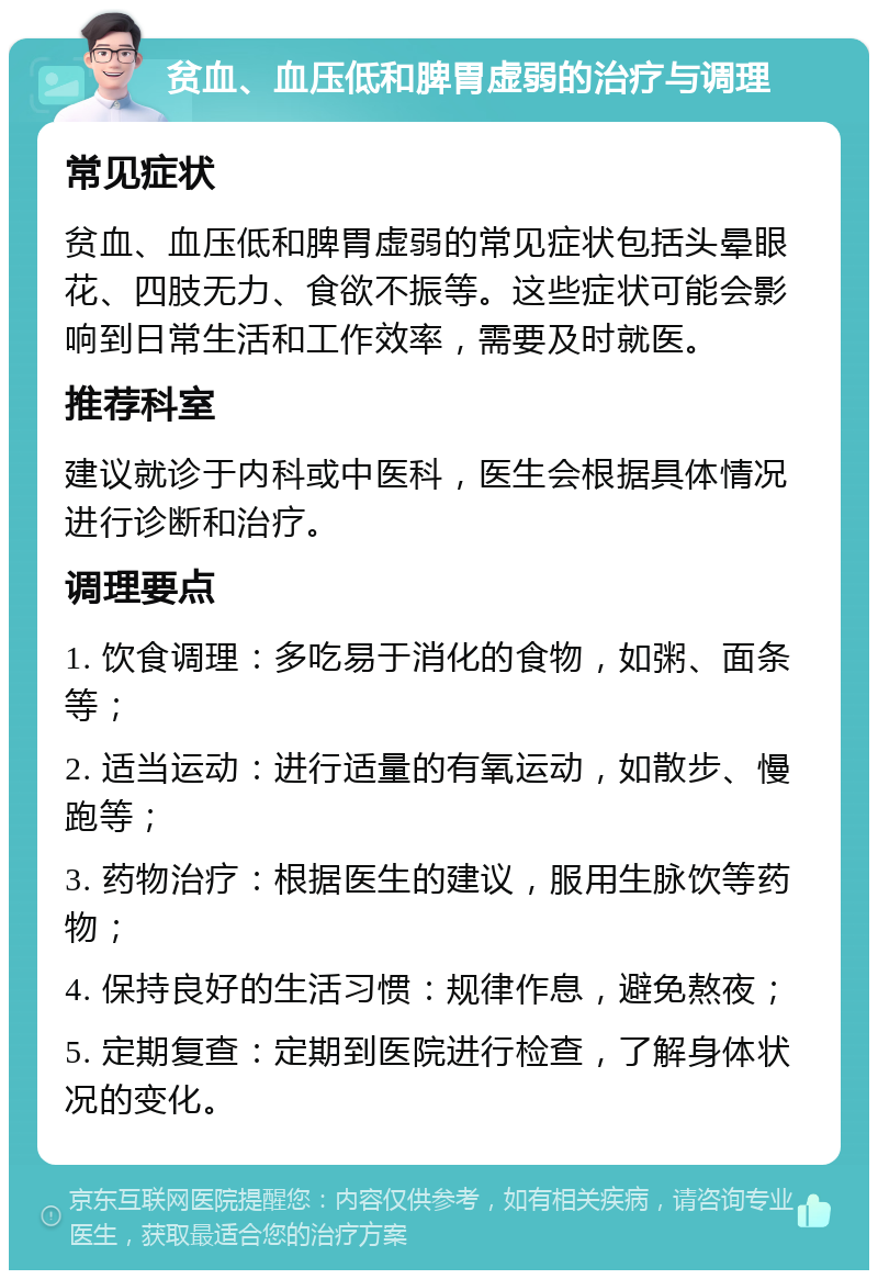 贫血、血压低和脾胃虚弱的治疗与调理 常见症状 贫血、血压低和脾胃虚弱的常见症状包括头晕眼花、四肢无力、食欲不振等。这些症状可能会影响到日常生活和工作效率，需要及时就医。 推荐科室 建议就诊于内科或中医科，医生会根据具体情况进行诊断和治疗。 调理要点 1. 饮食调理：多吃易于消化的食物，如粥、面条等； 2. 适当运动：进行适量的有氧运动，如散步、慢跑等； 3. 药物治疗：根据医生的建议，服用生脉饮等药物； 4. 保持良好的生活习惯：规律作息，避免熬夜； 5. 定期复查：定期到医院进行检查，了解身体状况的变化。