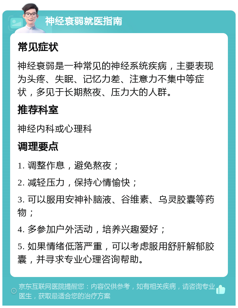 神经衰弱就医指南 常见症状 神经衰弱是一种常见的神经系统疾病，主要表现为头疼、失眠、记忆力差、注意力不集中等症状，多见于长期熬夜、压力大的人群。 推荐科室 神经内科或心理科 调理要点 1. 调整作息，避免熬夜； 2. 减轻压力，保持心情愉快； 3. 可以服用安神补脑液、谷维素、乌灵胶囊等药物； 4. 多参加户外活动，培养兴趣爱好； 5. 如果情绪低落严重，可以考虑服用舒肝解郁胶囊，并寻求专业心理咨询帮助。