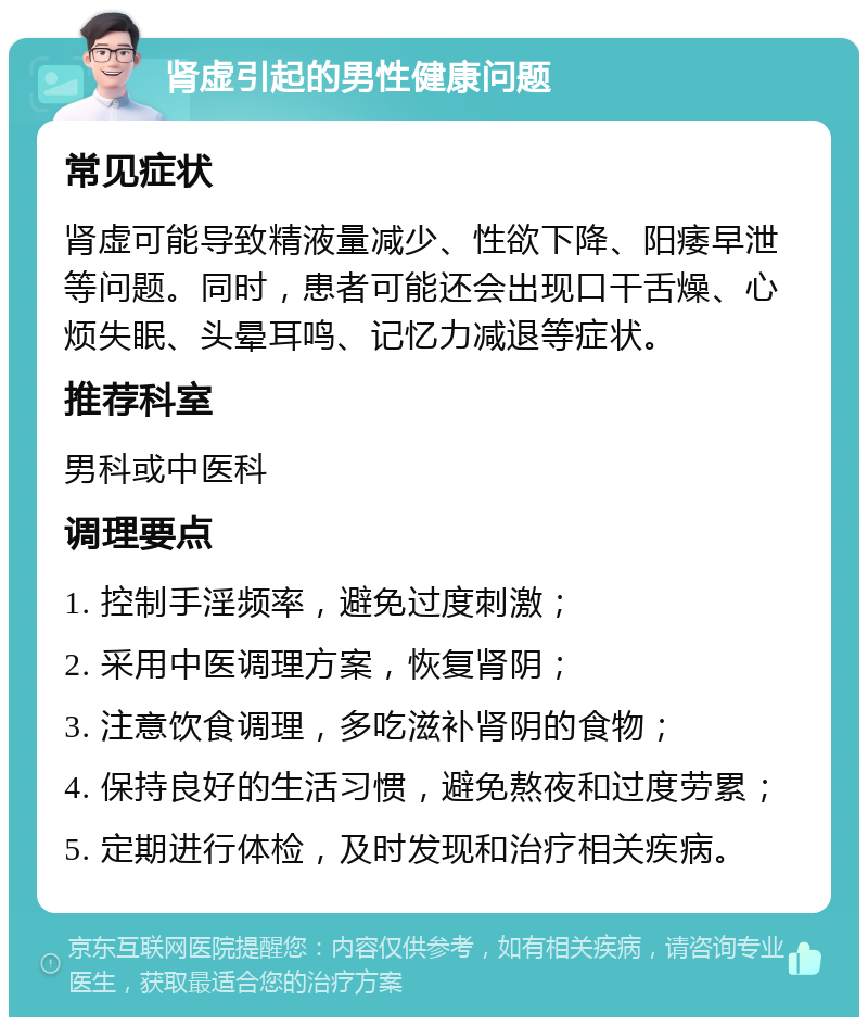 肾虚引起的男性健康问题 常见症状 肾虚可能导致精液量减少、性欲下降、阳痿早泄等问题。同时，患者可能还会出现口干舌燥、心烦失眠、头晕耳鸣、记忆力减退等症状。 推荐科室 男科或中医科 调理要点 1. 控制手淫频率，避免过度刺激； 2. 采用中医调理方案，恢复肾阴； 3. 注意饮食调理，多吃滋补肾阴的食物； 4. 保持良好的生活习惯，避免熬夜和过度劳累； 5. 定期进行体检，及时发现和治疗相关疾病。