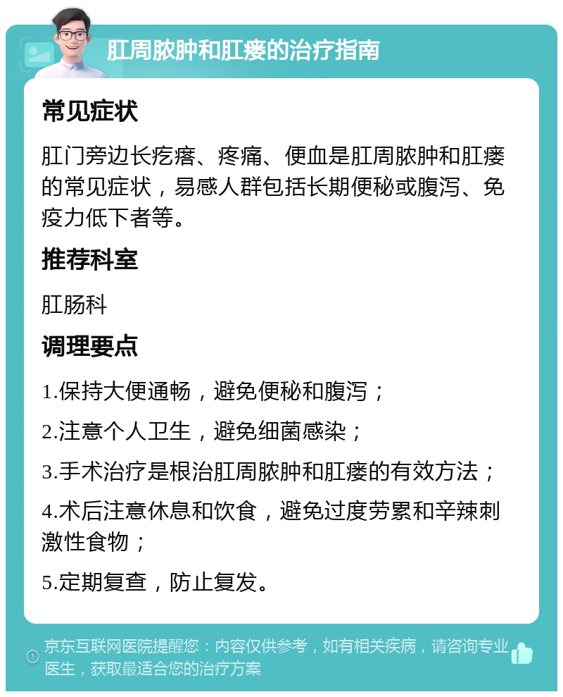 肛周脓肿和肛瘘的治疗指南 常见症状 肛门旁边长疙瘩、疼痛、便血是肛周脓肿和肛瘘的常见症状，易感人群包括长期便秘或腹泻、免疫力低下者等。 推荐科室 肛肠科 调理要点 1.保持大便通畅，避免便秘和腹泻； 2.注意个人卫生，避免细菌感染； 3.手术治疗是根治肛周脓肿和肛瘘的有效方法； 4.术后注意休息和饮食，避免过度劳累和辛辣刺激性食物； 5.定期复查，防止复发。