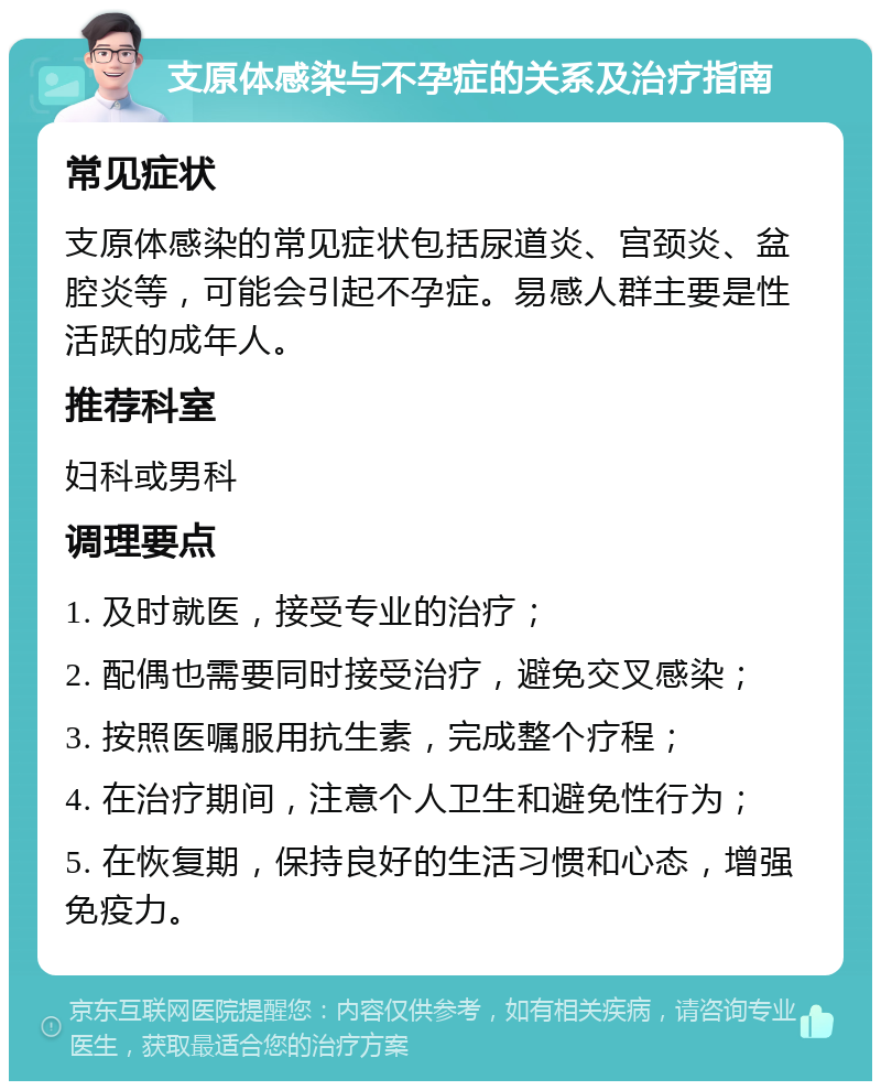 支原体感染与不孕症的关系及治疗指南 常见症状 支原体感染的常见症状包括尿道炎、宫颈炎、盆腔炎等，可能会引起不孕症。易感人群主要是性活跃的成年人。 推荐科室 妇科或男科 调理要点 1. 及时就医，接受专业的治疗； 2. 配偶也需要同时接受治疗，避免交叉感染； 3. 按照医嘱服用抗生素，完成整个疗程； 4. 在治疗期间，注意个人卫生和避免性行为； 5. 在恢复期，保持良好的生活习惯和心态，增强免疫力。