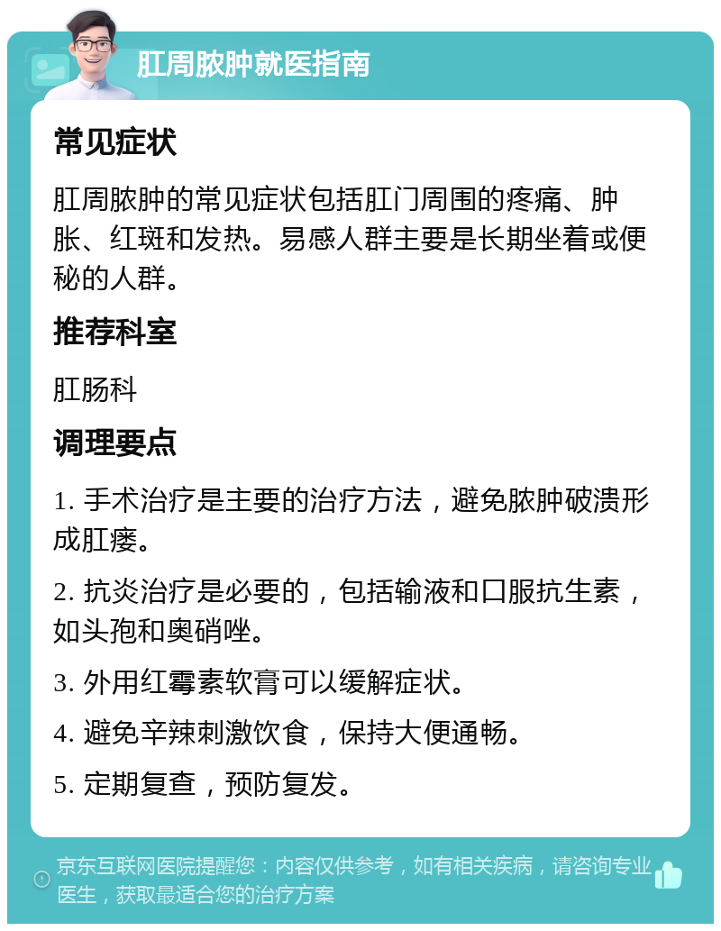 肛周脓肿就医指南 常见症状 肛周脓肿的常见症状包括肛门周围的疼痛、肿胀、红斑和发热。易感人群主要是长期坐着或便秘的人群。 推荐科室 肛肠科 调理要点 1. 手术治疗是主要的治疗方法，避免脓肿破溃形成肛瘘。 2. 抗炎治疗是必要的，包括输液和口服抗生素，如头孢和奥硝唑。 3. 外用红霉素软膏可以缓解症状。 4. 避免辛辣刺激饮食，保持大便通畅。 5. 定期复查，预防复发。