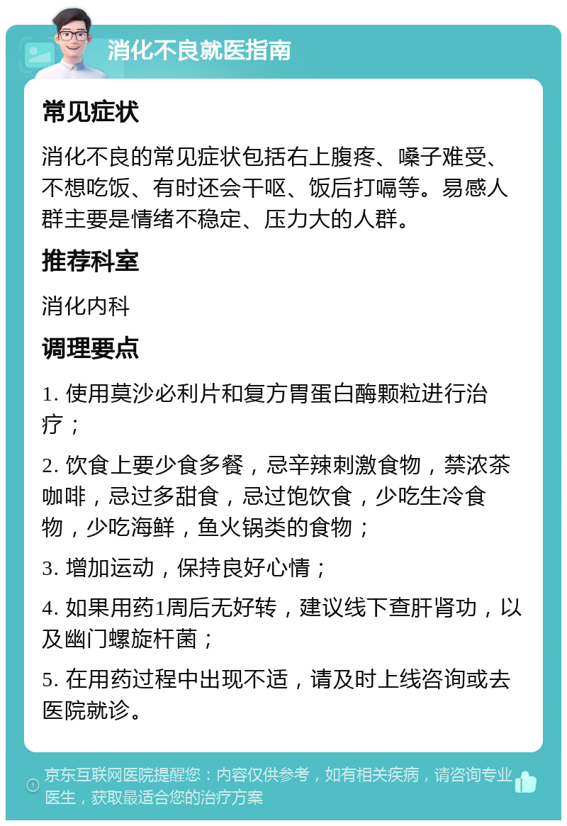 消化不良就医指南 常见症状 消化不良的常见症状包括右上腹疼、嗓子难受、不想吃饭、有时还会干呕、饭后打嗝等。易感人群主要是情绪不稳定、压力大的人群。 推荐科室 消化内科 调理要点 1. 使用莫沙必利片和复方胃蛋白酶颗粒进行治疗； 2. 饮食上要少食多餐，忌辛辣刺激食物，禁浓茶咖啡，忌过多甜食，忌过饱饮食，少吃生冷食物，少吃海鲜，鱼火锅类的食物； 3. 增加运动，保持良好心情； 4. 如果用药1周后无好转，建议线下查肝肾功，以及幽门螺旋杆菌； 5. 在用药过程中出现不适，请及时上线咨询或去医院就诊。