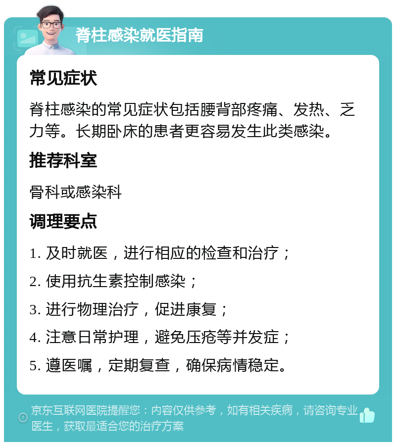 脊柱感染就医指南 常见症状 脊柱感染的常见症状包括腰背部疼痛、发热、乏力等。长期卧床的患者更容易发生此类感染。 推荐科室 骨科或感染科 调理要点 1. 及时就医，进行相应的检查和治疗； 2. 使用抗生素控制感染； 3. 进行物理治疗，促进康复； 4. 注意日常护理，避免压疮等并发症； 5. 遵医嘱，定期复查，确保病情稳定。