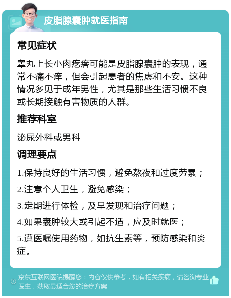 皮脂腺囊肿就医指南 常见症状 睾丸上长小肉疙瘩可能是皮脂腺囊肿的表现，通常不痛不痒，但会引起患者的焦虑和不安。这种情况多见于成年男性，尤其是那些生活习惯不良或长期接触有害物质的人群。 推荐科室 泌尿外科或男科 调理要点 1.保持良好的生活习惯，避免熬夜和过度劳累； 2.注意个人卫生，避免感染； 3.定期进行体检，及早发现和治疗问题； 4.如果囊肿较大或引起不适，应及时就医； 5.遵医嘱使用药物，如抗生素等，预防感染和炎症。