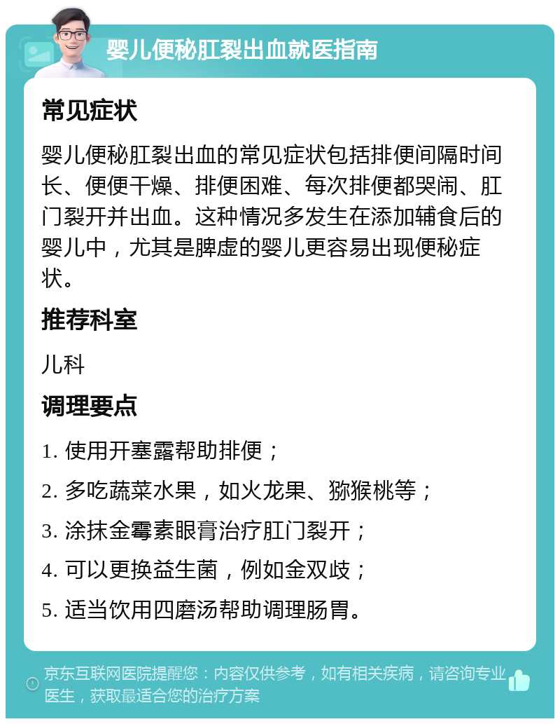 婴儿便秘肛裂出血就医指南 常见症状 婴儿便秘肛裂出血的常见症状包括排便间隔时间长、便便干燥、排便困难、每次排便都哭闹、肛门裂开并出血。这种情况多发生在添加辅食后的婴儿中，尤其是脾虚的婴儿更容易出现便秘症状。 推荐科室 儿科 调理要点 1. 使用开塞露帮助排便； 2. 多吃蔬菜水果，如火龙果、猕猴桃等； 3. 涂抹金霉素眼膏治疗肛门裂开； 4. 可以更换益生菌，例如金双歧； 5. 适当饮用四磨汤帮助调理肠胃。