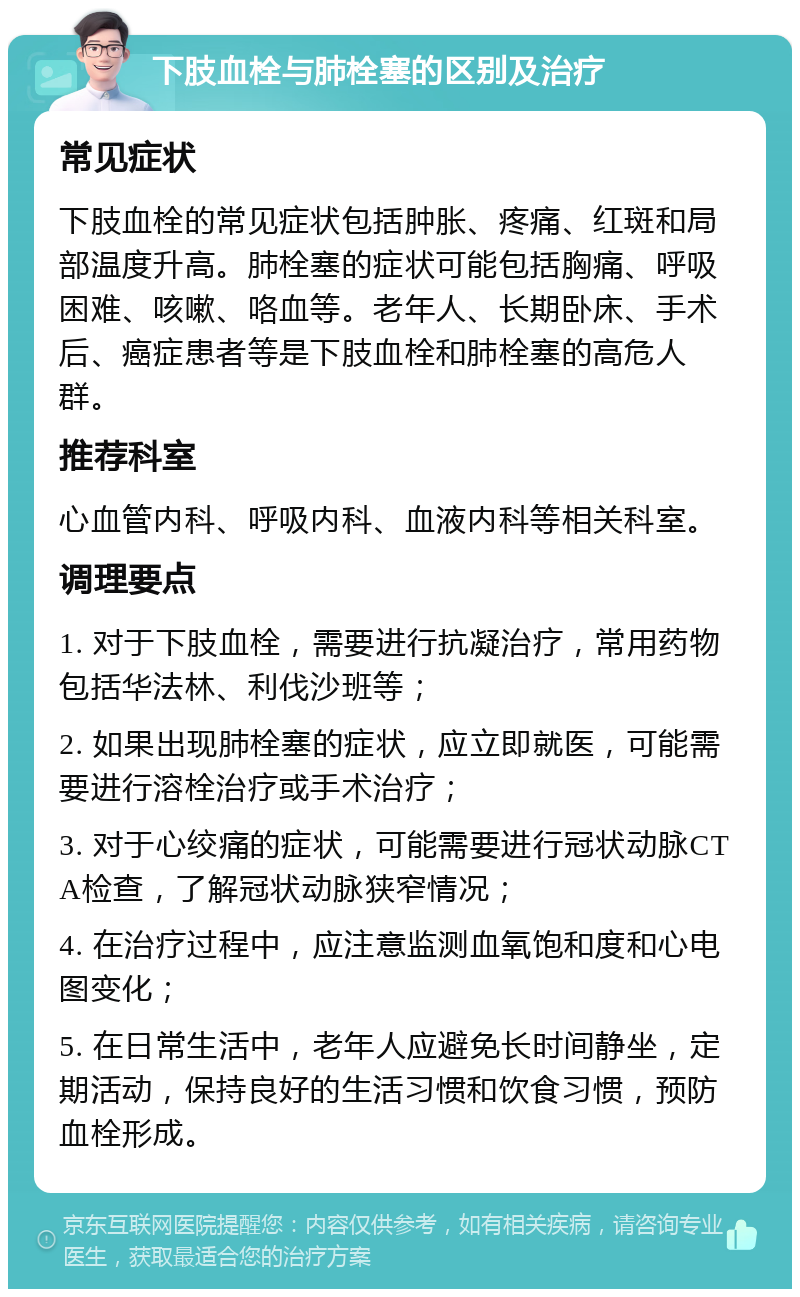 下肢血栓与肺栓塞的区别及治疗 常见症状 下肢血栓的常见症状包括肿胀、疼痛、红斑和局部温度升高。肺栓塞的症状可能包括胸痛、呼吸困难、咳嗽、咯血等。老年人、长期卧床、手术后、癌症患者等是下肢血栓和肺栓塞的高危人群。 推荐科室 心血管内科、呼吸内科、血液内科等相关科室。 调理要点 1. 对于下肢血栓，需要进行抗凝治疗，常用药物包括华法林、利伐沙班等； 2. 如果出现肺栓塞的症状，应立即就医，可能需要进行溶栓治疗或手术治疗； 3. 对于心绞痛的症状，可能需要进行冠状动脉CTA检查，了解冠状动脉狭窄情况； 4. 在治疗过程中，应注意监测血氧饱和度和心电图变化； 5. 在日常生活中，老年人应避免长时间静坐，定期活动，保持良好的生活习惯和饮食习惯，预防血栓形成。