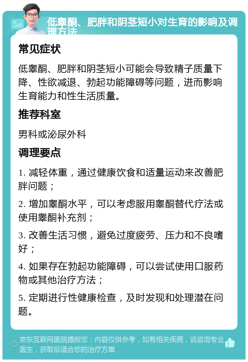 低睾酮、肥胖和阴茎短小对生育的影响及调理方法 常见症状 低睾酮、肥胖和阴茎短小可能会导致精子质量下降、性欲减退、勃起功能障碍等问题，进而影响生育能力和性生活质量。 推荐科室 男科或泌尿外科 调理要点 1. 减轻体重，通过健康饮食和适量运动来改善肥胖问题； 2. 增加睾酮水平，可以考虑服用睾酮替代疗法或使用睾酮补充剂； 3. 改善生活习惯，避免过度疲劳、压力和不良嗜好； 4. 如果存在勃起功能障碍，可以尝试使用口服药物或其他治疗方法； 5. 定期进行性健康检查，及时发现和处理潜在问题。