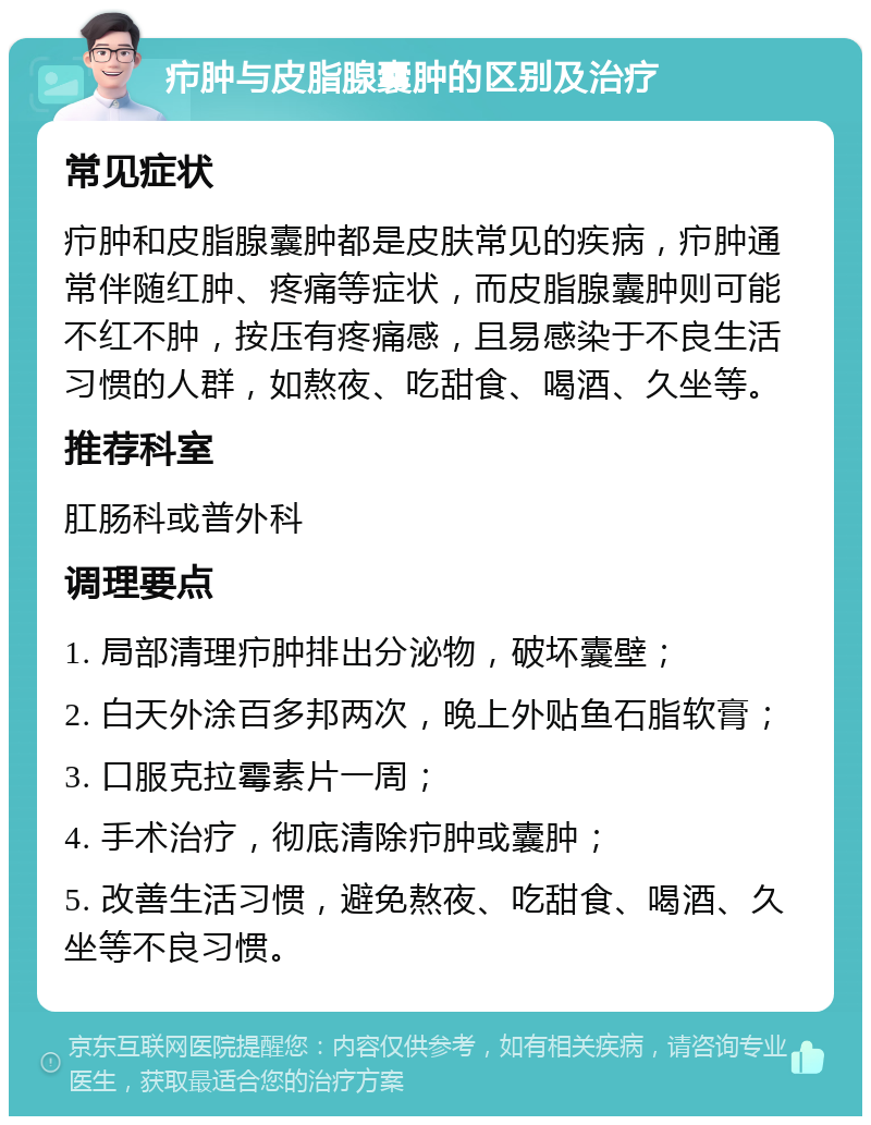 疖肿与皮脂腺囊肿的区别及治疗 常见症状 疖肿和皮脂腺囊肿都是皮肤常见的疾病，疖肿通常伴随红肿、疼痛等症状，而皮脂腺囊肿则可能不红不肿，按压有疼痛感，且易感染于不良生活习惯的人群，如熬夜、吃甜食、喝酒、久坐等。 推荐科室 肛肠科或普外科 调理要点 1. 局部清理疖肿排出分泌物，破坏囊壁； 2. 白天外涂百多邦两次，晚上外贴鱼石脂软膏； 3. 口服克拉霉素片一周； 4. 手术治疗，彻底清除疖肿或囊肿； 5. 改善生活习惯，避免熬夜、吃甜食、喝酒、久坐等不良习惯。