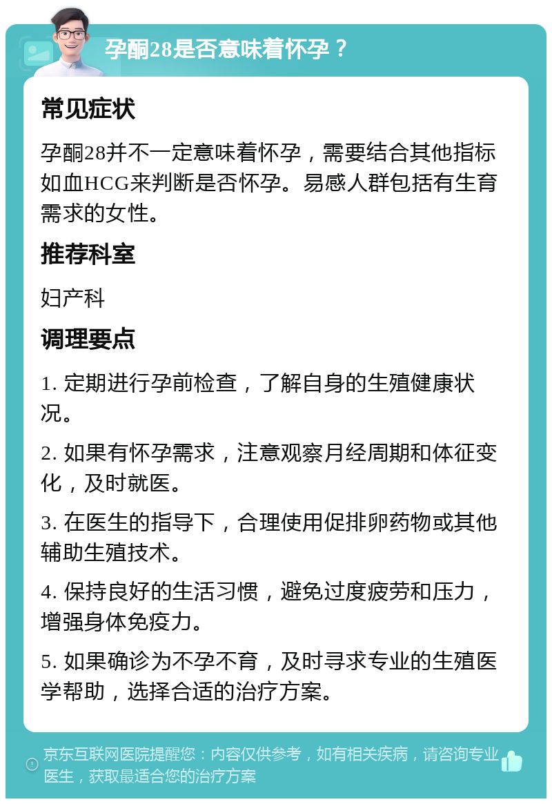 孕酮28是否意味着怀孕？ 常见症状 孕酮28并不一定意味着怀孕，需要结合其他指标如血HCG来判断是否怀孕。易感人群包括有生育需求的女性。 推荐科室 妇产科 调理要点 1. 定期进行孕前检查，了解自身的生殖健康状况。 2. 如果有怀孕需求，注意观察月经周期和体征变化，及时就医。 3. 在医生的指导下，合理使用促排卵药物或其他辅助生殖技术。 4. 保持良好的生活习惯，避免过度疲劳和压力，增强身体免疫力。 5. 如果确诊为不孕不育，及时寻求专业的生殖医学帮助，选择合适的治疗方案。