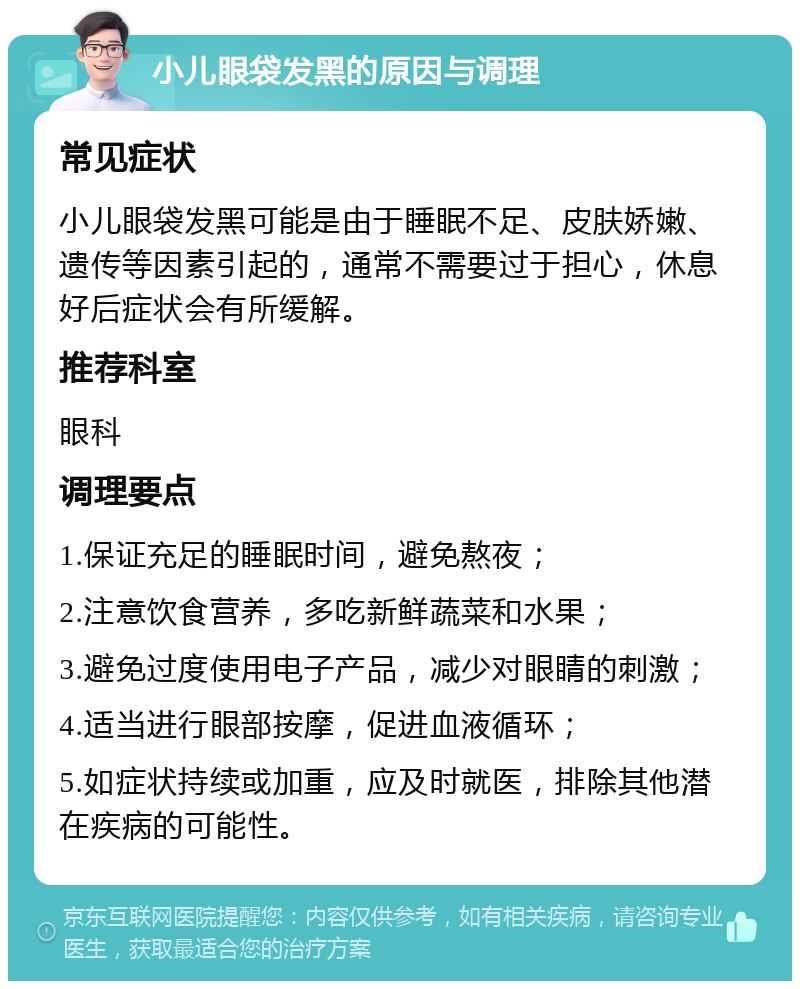 小儿眼袋发黑的原因与调理 常见症状 小儿眼袋发黑可能是由于睡眠不足、皮肤娇嫩、遗传等因素引起的，通常不需要过于担心，休息好后症状会有所缓解。 推荐科室 眼科 调理要点 1.保证充足的睡眠时间，避免熬夜； 2.注意饮食营养，多吃新鲜蔬菜和水果； 3.避免过度使用电子产品，减少对眼睛的刺激； 4.适当进行眼部按摩，促进血液循环； 5.如症状持续或加重，应及时就医，排除其他潜在疾病的可能性。