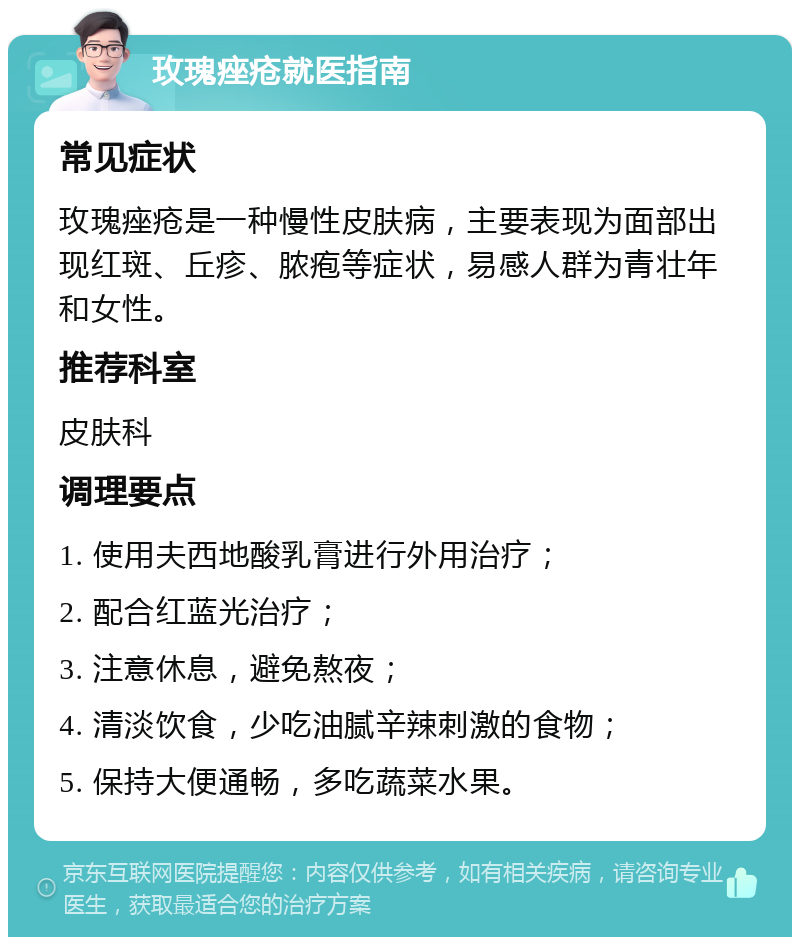 玫瑰痤疮就医指南 常见症状 玫瑰痤疮是一种慢性皮肤病，主要表现为面部出现红斑、丘疹、脓疱等症状，易感人群为青壮年和女性。 推荐科室 皮肤科 调理要点 1. 使用夫西地酸乳膏进行外用治疗； 2. 配合红蓝光治疗； 3. 注意休息，避免熬夜； 4. 清淡饮食，少吃油腻辛辣刺激的食物； 5. 保持大便通畅，多吃蔬菜水果。