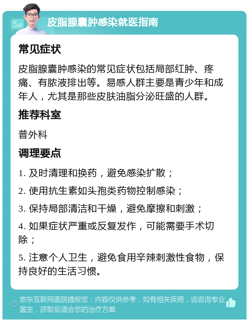 皮脂腺囊肿感染就医指南 常见症状 皮脂腺囊肿感染的常见症状包括局部红肿、疼痛、有脓液排出等。易感人群主要是青少年和成年人，尤其是那些皮肤油脂分泌旺盛的人群。 推荐科室 普外科 调理要点 1. 及时清理和换药，避免感染扩散； 2. 使用抗生素如头孢类药物控制感染； 3. 保持局部清洁和干燥，避免摩擦和刺激； 4. 如果症状严重或反复发作，可能需要手术切除； 5. 注意个人卫生，避免食用辛辣刺激性食物，保持良好的生活习惯。