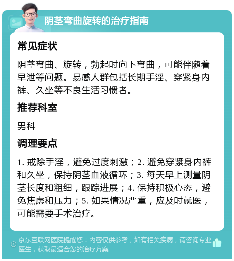 阴茎弯曲旋转的治疗指南 常见症状 阴茎弯曲、旋转，勃起时向下弯曲，可能伴随着早泄等问题。易感人群包括长期手淫、穿紧身内裤、久坐等不良生活习惯者。 推荐科室 男科 调理要点 1. 戒除手淫，避免过度刺激；2. 避免穿紧身内裤和久坐，保持阴茎血液循环；3. 每天早上测量阴茎长度和粗细，跟踪进展；4. 保持积极心态，避免焦虑和压力；5. 如果情况严重，应及时就医，可能需要手术治疗。