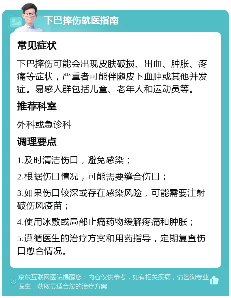 下巴摔伤就医指南 常见症状 下巴摔伤可能会出现皮肤破损、出血、肿胀、疼痛等症状，严重者可能伴随皮下血肿或其他并发症。易感人群包括儿童、老年人和运动员等。 推荐科室 外科或急诊科 调理要点 1.及时清洁伤口，避免感染； 2.根据伤口情况，可能需要缝合伤口； 3.如果伤口较深或存在感染风险，可能需要注射破伤风疫苗； 4.使用冰敷或局部止痛药物缓解疼痛和肿胀； 5.遵循医生的治疗方案和用药指导，定期复查伤口愈合情况。