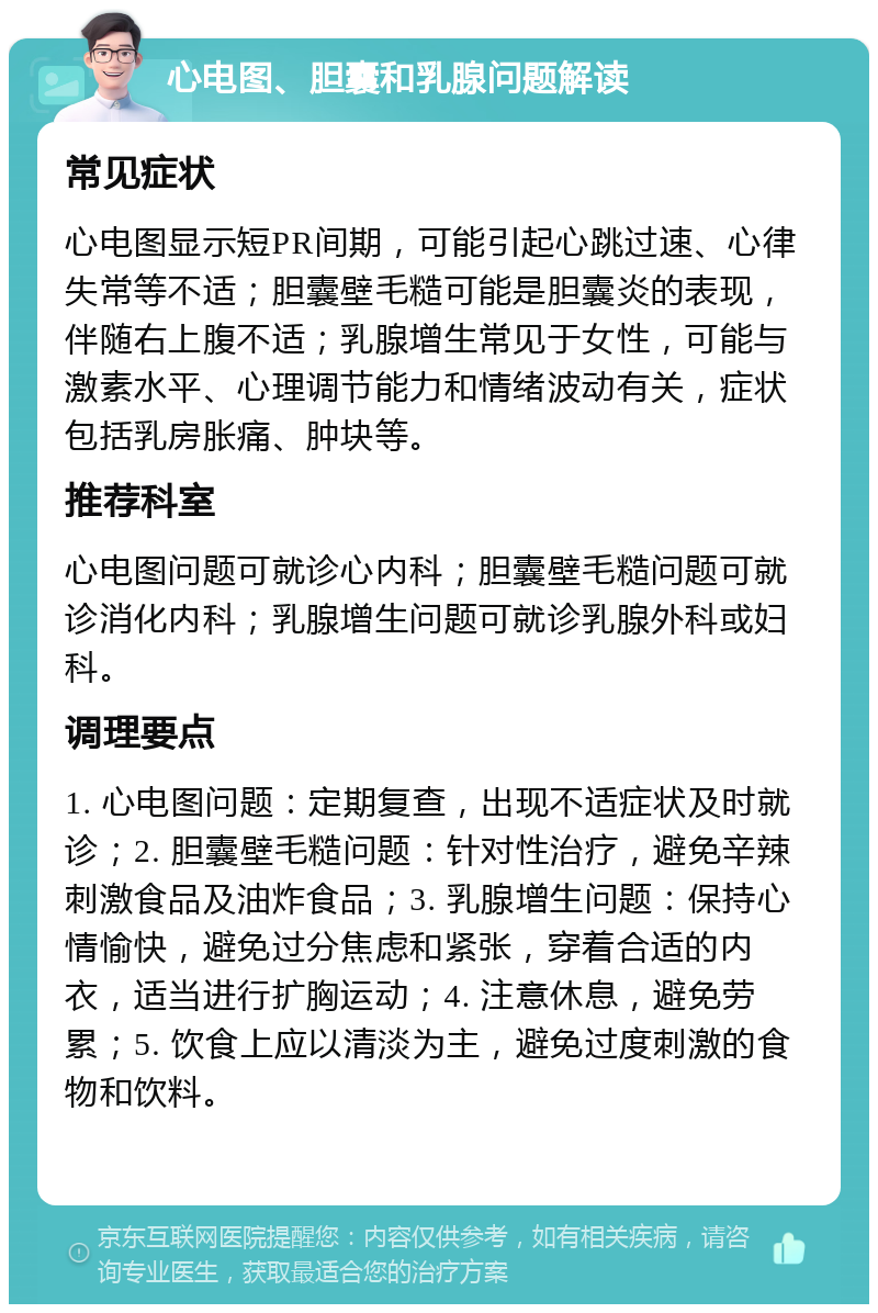 心电图、胆囊和乳腺问题解读 常见症状 心电图显示短PR间期，可能引起心跳过速、心律失常等不适；胆囊壁毛糙可能是胆囊炎的表现，伴随右上腹不适；乳腺增生常见于女性，可能与激素水平、心理调节能力和情绪波动有关，症状包括乳房胀痛、肿块等。 推荐科室 心电图问题可就诊心内科；胆囊壁毛糙问题可就诊消化内科；乳腺增生问题可就诊乳腺外科或妇科。 调理要点 1. 心电图问题：定期复查，出现不适症状及时就诊；2. 胆囊壁毛糙问题：针对性治疗，避免辛辣刺激食品及油炸食品；3. 乳腺增生问题：保持心情愉快，避免过分焦虑和紧张，穿着合适的内衣，适当进行扩胸运动；4. 注意休息，避免劳累；5. 饮食上应以清淡为主，避免过度刺激的食物和饮料。