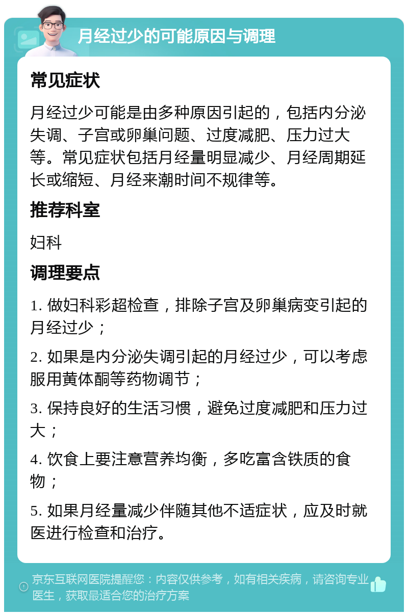 月经过少的可能原因与调理 常见症状 月经过少可能是由多种原因引起的，包括内分泌失调、子宫或卵巢问题、过度减肥、压力过大等。常见症状包括月经量明显减少、月经周期延长或缩短、月经来潮时间不规律等。 推荐科室 妇科 调理要点 1. 做妇科彩超检查，排除子宫及卵巢病变引起的月经过少； 2. 如果是内分泌失调引起的月经过少，可以考虑服用黄体酮等药物调节； 3. 保持良好的生活习惯，避免过度减肥和压力过大； 4. 饮食上要注意营养均衡，多吃富含铁质的食物； 5. 如果月经量减少伴随其他不适症状，应及时就医进行检查和治疗。