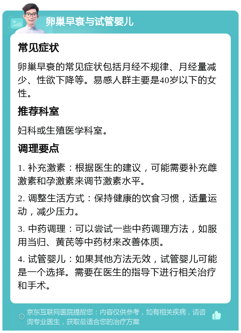 卵巢早衰与试管婴儿 常见症状 卵巢早衰的常见症状包括月经不规律、月经量减少、性欲下降等。易感人群主要是40岁以下的女性。 推荐科室 妇科或生殖医学科室。 调理要点 1. 补充激素：根据医生的建议，可能需要补充雌激素和孕激素来调节激素水平。 2. 调整生活方式：保持健康的饮食习惯，适量运动，减少压力。 3. 中药调理：可以尝试一些中药调理方法，如服用当归、黄芪等中药材来改善体质。 4. 试管婴儿：如果其他方法无效，试管婴儿可能是一个选择。需要在医生的指导下进行相关治疗和手术。