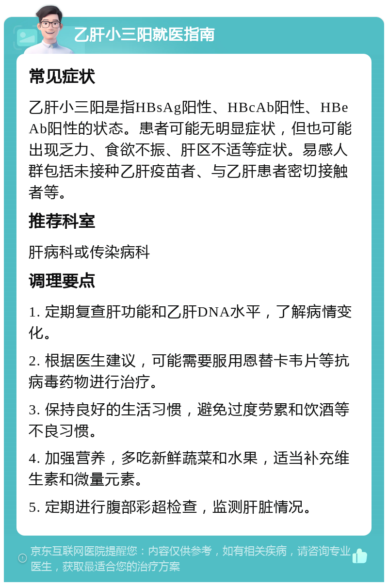 乙肝小三阳就医指南 常见症状 乙肝小三阳是指HBsAg阳性、HBcAb阳性、HBeAb阳性的状态。患者可能无明显症状，但也可能出现乏力、食欲不振、肝区不适等症状。易感人群包括未接种乙肝疫苗者、与乙肝患者密切接触者等。 推荐科室 肝病科或传染病科 调理要点 1. 定期复查肝功能和乙肝DNA水平，了解病情变化。 2. 根据医生建议，可能需要服用恩替卡韦片等抗病毒药物进行治疗。 3. 保持良好的生活习惯，避免过度劳累和饮酒等不良习惯。 4. 加强营养，多吃新鲜蔬菜和水果，适当补充维生素和微量元素。 5. 定期进行腹部彩超检查，监测肝脏情况。