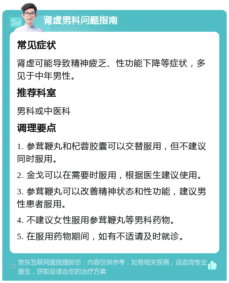 肾虚男科问题指南 常见症状 肾虚可能导致精神疲乏、性功能下降等症状，多见于中年男性。 推荐科室 男科或中医科 调理要点 1. 参茸鞭丸和杞蓉胶囊可以交替服用，但不建议同时服用。 2. 金戈可以在需要时服用，根据医生建议使用。 3. 参茸鞭丸可以改善精神状态和性功能，建议男性患者服用。 4. 不建议女性服用参茸鞭丸等男科药物。 5. 在服用药物期间，如有不适请及时就诊。