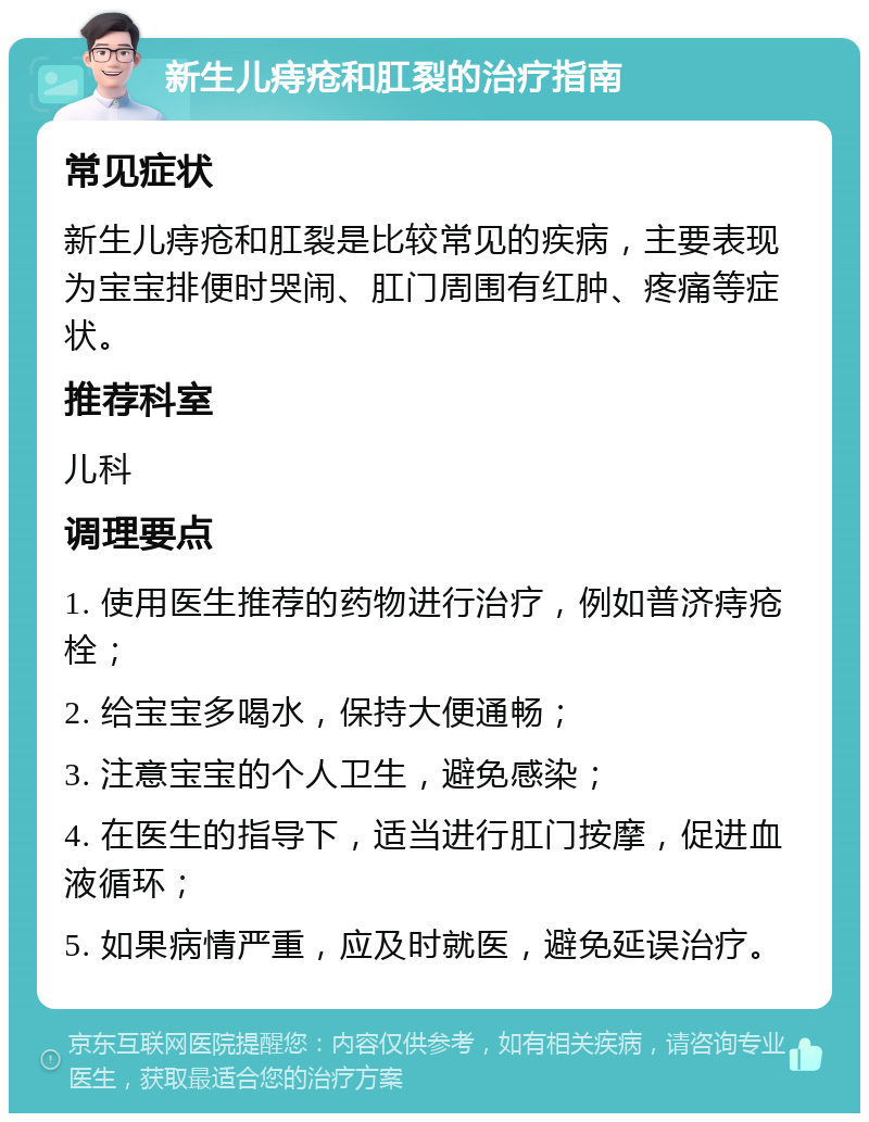 新生儿痔疮和肛裂的治疗指南 常见症状 新生儿痔疮和肛裂是比较常见的疾病，主要表现为宝宝排便时哭闹、肛门周围有红肿、疼痛等症状。 推荐科室 儿科 调理要点 1. 使用医生推荐的药物进行治疗，例如普济痔疮栓； 2. 给宝宝多喝水，保持大便通畅； 3. 注意宝宝的个人卫生，避免感染； 4. 在医生的指导下，适当进行肛门按摩，促进血液循环； 5. 如果病情严重，应及时就医，避免延误治疗。