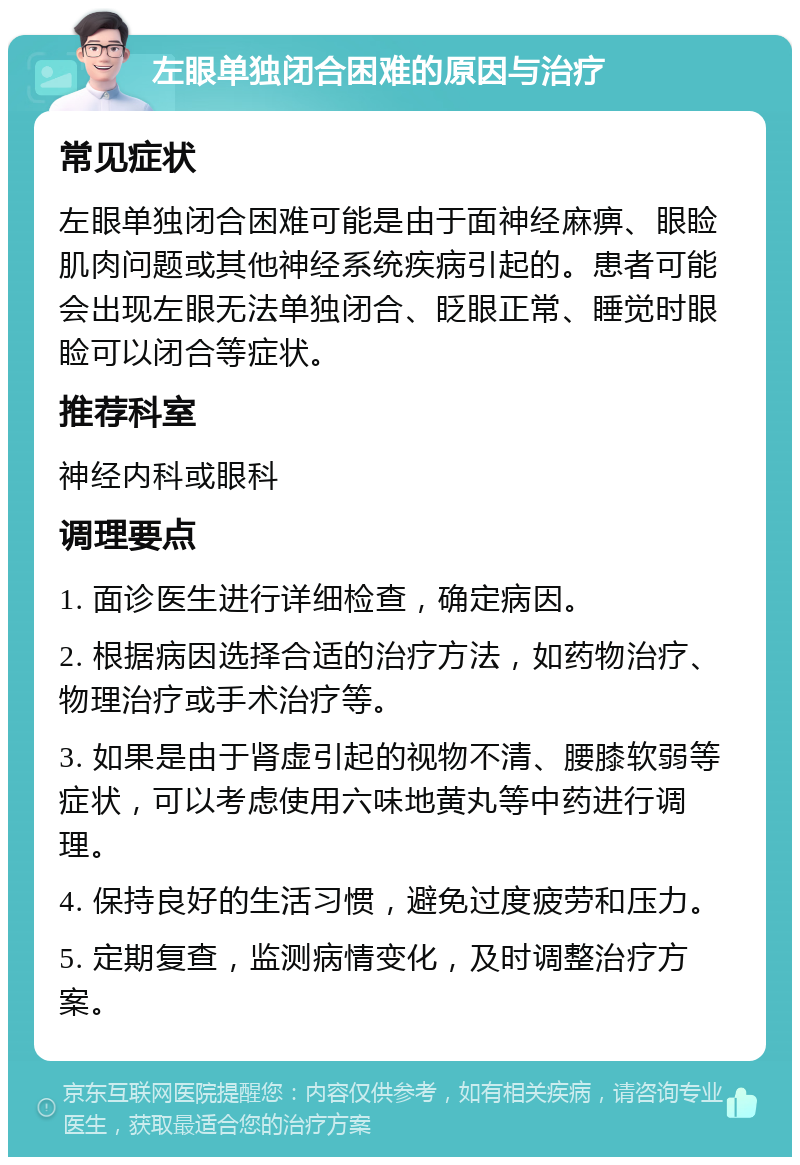 左眼单独闭合困难的原因与治疗 常见症状 左眼单独闭合困难可能是由于面神经麻痹、眼睑肌肉问题或其他神经系统疾病引起的。患者可能会出现左眼无法单独闭合、眨眼正常、睡觉时眼睑可以闭合等症状。 推荐科室 神经内科或眼科 调理要点 1. 面诊医生进行详细检查，确定病因。 2. 根据病因选择合适的治疗方法，如药物治疗、物理治疗或手术治疗等。 3. 如果是由于肾虚引起的视物不清、腰膝软弱等症状，可以考虑使用六味地黄丸等中药进行调理。 4. 保持良好的生活习惯，避免过度疲劳和压力。 5. 定期复查，监测病情变化，及时调整治疗方案。