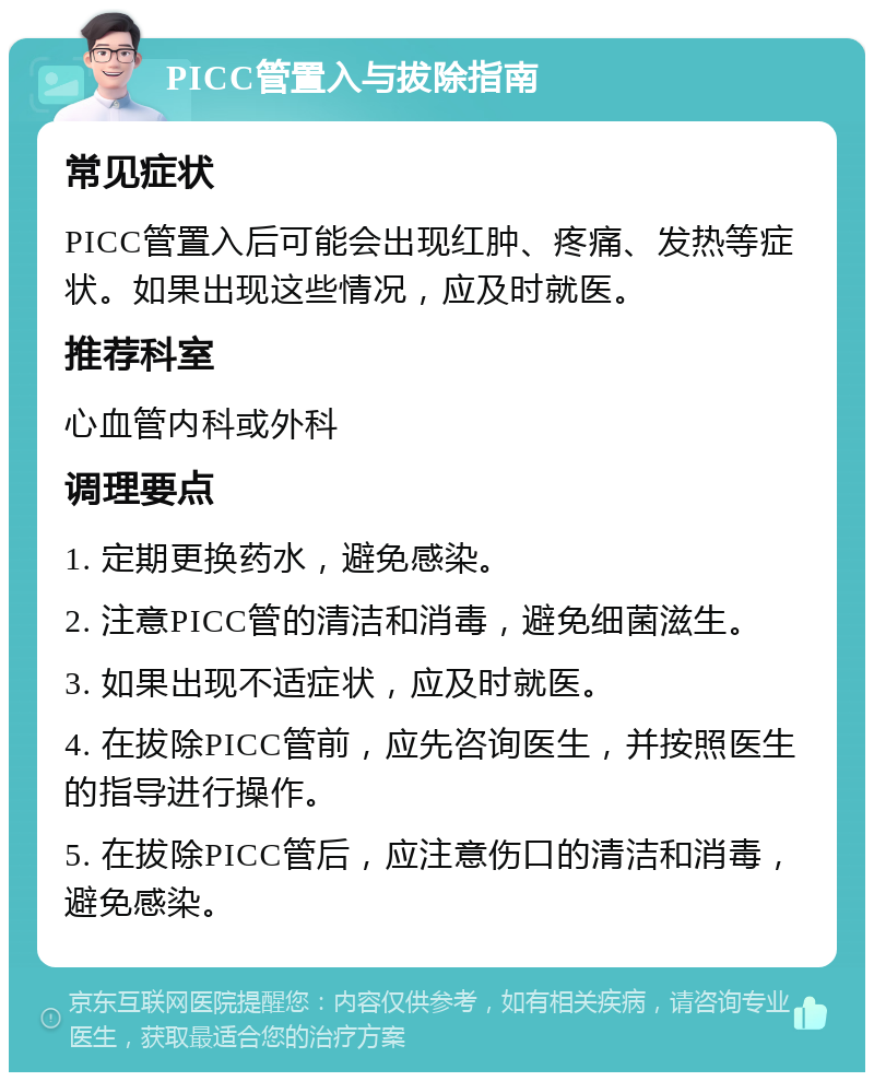 PICC管置入与拔除指南 常见症状 PICC管置入后可能会出现红肿、疼痛、发热等症状。如果出现这些情况，应及时就医。 推荐科室 心血管内科或外科 调理要点 1. 定期更换药水，避免感染。 2. 注意PICC管的清洁和消毒，避免细菌滋生。 3. 如果出现不适症状，应及时就医。 4. 在拔除PICC管前，应先咨询医生，并按照医生的指导进行操作。 5. 在拔除PICC管后，应注意伤口的清洁和消毒，避免感染。