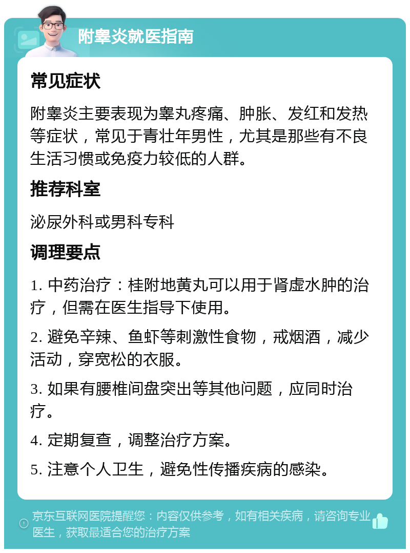 附睾炎就医指南 常见症状 附睾炎主要表现为睾丸疼痛、肿胀、发红和发热等症状，常见于青壮年男性，尤其是那些有不良生活习惯或免疫力较低的人群。 推荐科室 泌尿外科或男科专科 调理要点 1. 中药治疗：桂附地黄丸可以用于肾虚水肿的治疗，但需在医生指导下使用。 2. 避免辛辣、鱼虾等刺激性食物，戒烟酒，减少活动，穿宽松的衣服。 3. 如果有腰椎间盘突出等其他问题，应同时治疗。 4. 定期复查，调整治疗方案。 5. 注意个人卫生，避免性传播疾病的感染。