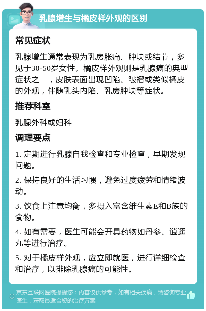 乳腺增生与橘皮样外观的区别 常见症状 乳腺增生通常表现为乳房胀痛、肿块或结节，多见于30-50岁女性。橘皮样外观则是乳腺癌的典型症状之一，皮肤表面出现凹陷、皱褶或类似橘皮的外观，伴随乳头内陷、乳房肿块等症状。 推荐科室 乳腺外科或妇科 调理要点 1. 定期进行乳腺自我检查和专业检查，早期发现问题。 2. 保持良好的生活习惯，避免过度疲劳和情绪波动。 3. 饮食上注意均衡，多摄入富含维生素E和B族的食物。 4. 如有需要，医生可能会开具药物如丹参、逍遥丸等进行治疗。 5. 对于橘皮样外观，应立即就医，进行详细检查和治疗，以排除乳腺癌的可能性。