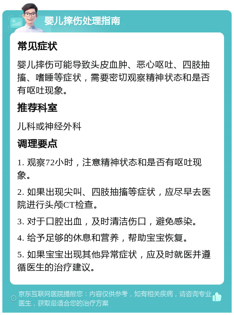 婴儿摔伤处理指南 常见症状 婴儿摔伤可能导致头皮血肿、恶心呕吐、四肢抽搐、嗜睡等症状，需要密切观察精神状态和是否有呕吐现象。 推荐科室 儿科或神经外科 调理要点 1. 观察72小时，注意精神状态和是否有呕吐现象。 2. 如果出现尖叫、四肢抽搐等症状，应尽早去医院进行头颅CT检查。 3. 对于口腔出血，及时清洁伤口，避免感染。 4. 给予足够的休息和营养，帮助宝宝恢复。 5. 如果宝宝出现其他异常症状，应及时就医并遵循医生的治疗建议。