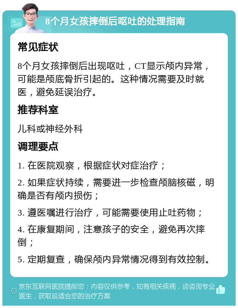 8个月女孩摔倒后呕吐的处理指南 常见症状 8个月女孩摔倒后出现呕吐，CT显示颅内异常，可能是颅底骨折引起的。这种情况需要及时就医，避免延误治疗。 推荐科室 儿科或神经外科 调理要点 1. 在医院观察，根据症状对症治疗； 2. 如果症状持续，需要进一步检查颅脑核磁，明确是否有颅内损伤； 3. 遵医嘱进行治疗，可能需要使用止吐药物； 4. 在康复期间，注意孩子的安全，避免再次摔倒； 5. 定期复查，确保颅内异常情况得到有效控制。