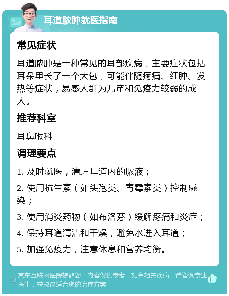 耳道脓肿就医指南 常见症状 耳道脓肿是一种常见的耳部疾病，主要症状包括耳朵里长了一个大包，可能伴随疼痛、红肿、发热等症状，易感人群为儿童和免疫力较弱的成人。 推荐科室 耳鼻喉科 调理要点 1. 及时就医，清理耳道内的脓液； 2. 使用抗生素（如头孢类、青霉素类）控制感染； 3. 使用消炎药物（如布洛芬）缓解疼痛和炎症； 4. 保持耳道清洁和干燥，避免水进入耳道； 5. 加强免疫力，注意休息和营养均衡。