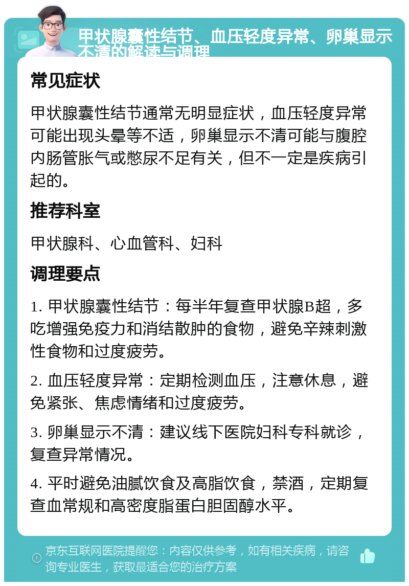 甲状腺囊性结节、血压轻度异常、卵巢显示不清的解读与调理 常见症状 甲状腺囊性结节通常无明显症状，血压轻度异常可能出现头晕等不适，卵巢显示不清可能与腹腔内肠管胀气或憋尿不足有关，但不一定是疾病引起的。 推荐科室 甲状腺科、心血管科、妇科 调理要点 1. 甲状腺囊性结节：每半年复查甲状腺B超，多吃增强免疫力和消结散肿的食物，避免辛辣刺激性食物和过度疲劳。 2. 血压轻度异常：定期检测血压，注意休息，避免紧张、焦虑情绪和过度疲劳。 3. 卵巢显示不清：建议线下医院妇科专科就诊，复查异常情况。 4. 平时避免油腻饮食及高脂饮食，禁酒，定期复查血常规和高密度脂蛋白胆固醇水平。