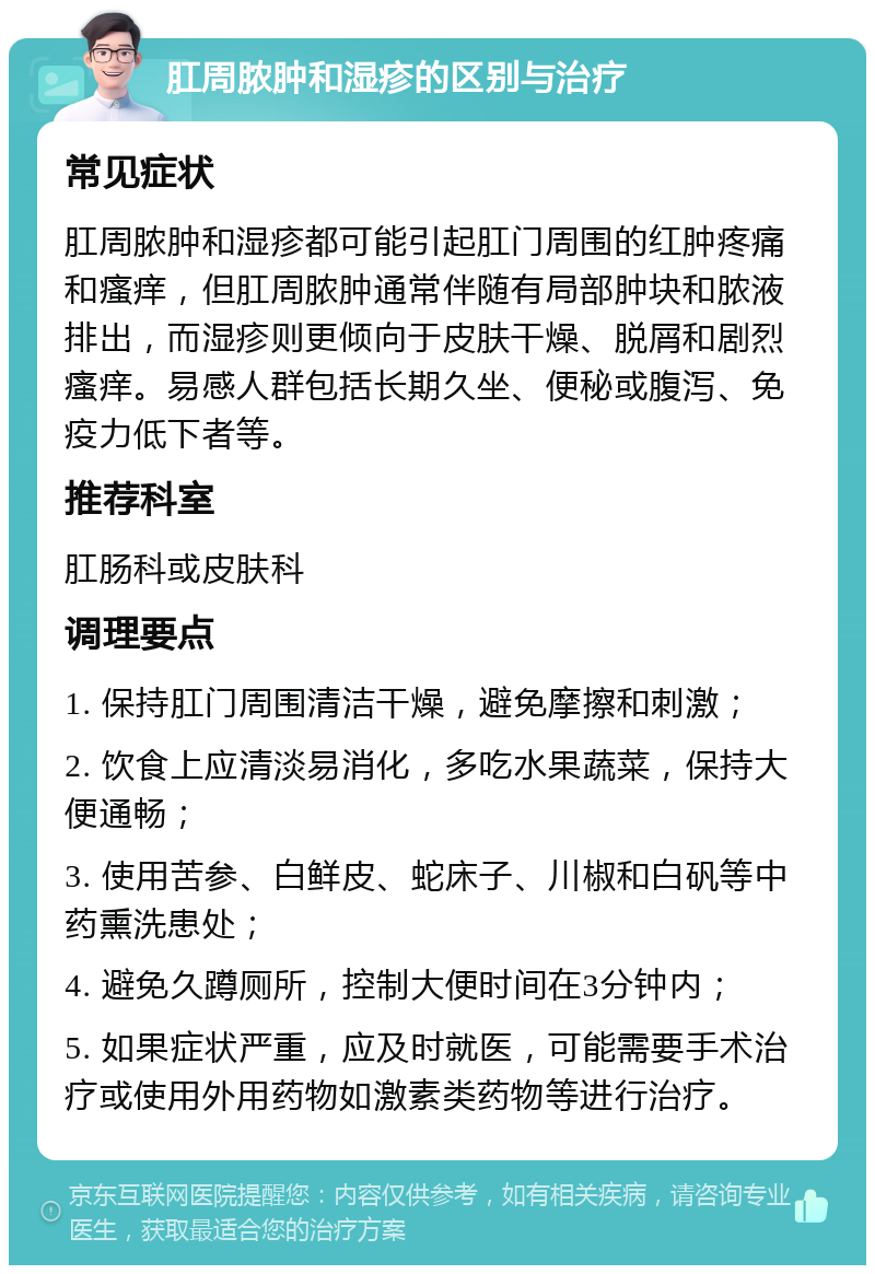 肛周脓肿和湿疹的区别与治疗 常见症状 肛周脓肿和湿疹都可能引起肛门周围的红肿疼痛和瘙痒，但肛周脓肿通常伴随有局部肿块和脓液排出，而湿疹则更倾向于皮肤干燥、脱屑和剧烈瘙痒。易感人群包括长期久坐、便秘或腹泻、免疫力低下者等。 推荐科室 肛肠科或皮肤科 调理要点 1. 保持肛门周围清洁干燥，避免摩擦和刺激； 2. 饮食上应清淡易消化，多吃水果蔬菜，保持大便通畅； 3. 使用苦参、白鲜皮、蛇床子、川椒和白矾等中药熏洗患处； 4. 避免久蹲厕所，控制大便时间在3分钟内； 5. 如果症状严重，应及时就医，可能需要手术治疗或使用外用药物如激素类药物等进行治疗。