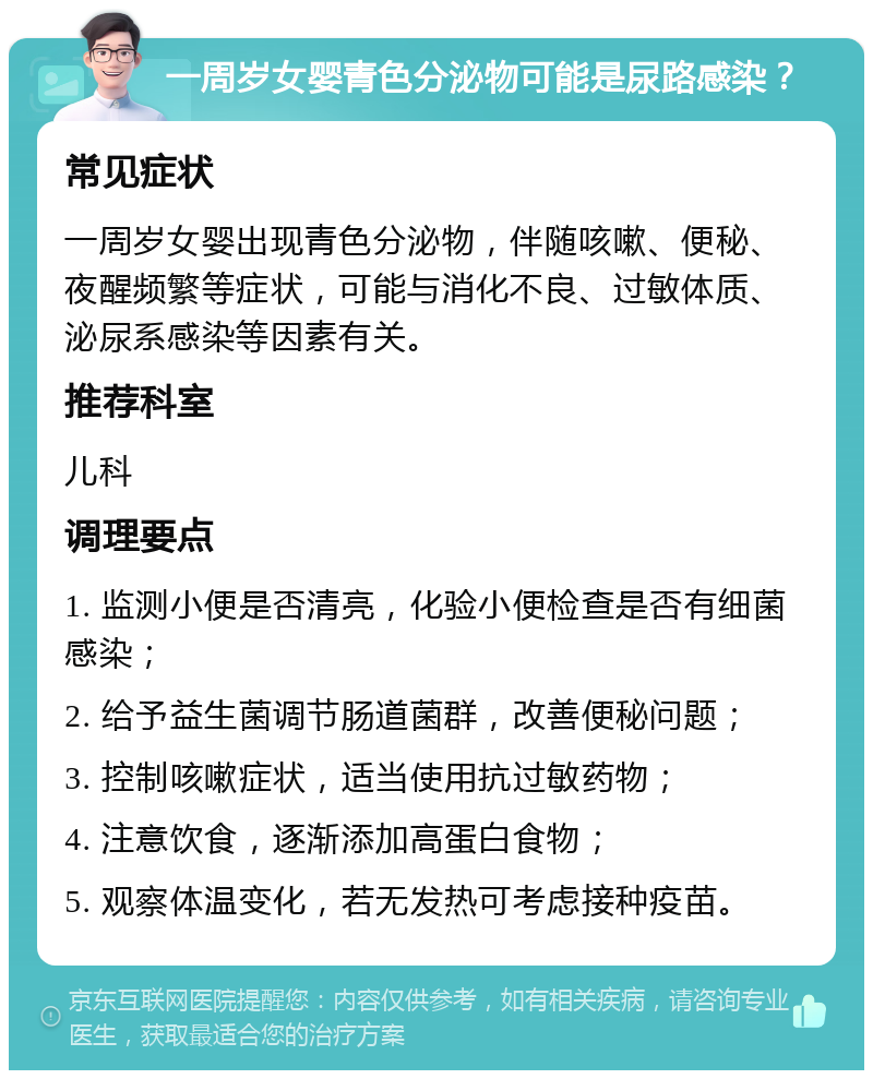 一周岁女婴青色分泌物可能是尿路感染？ 常见症状 一周岁女婴出现青色分泌物，伴随咳嗽、便秘、夜醒频繁等症状，可能与消化不良、过敏体质、泌尿系感染等因素有关。 推荐科室 儿科 调理要点 1. 监测小便是否清亮，化验小便检查是否有细菌感染； 2. 给予益生菌调节肠道菌群，改善便秘问题； 3. 控制咳嗽症状，适当使用抗过敏药物； 4. 注意饮食，逐渐添加高蛋白食物； 5. 观察体温变化，若无发热可考虑接种疫苗。