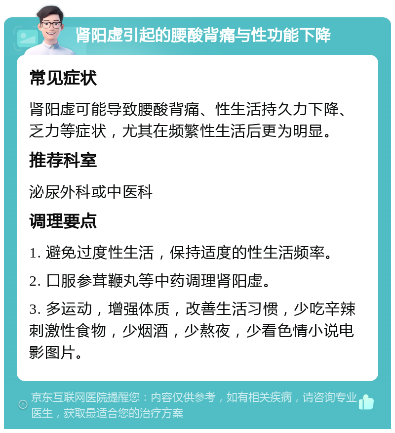 肾阳虚引起的腰酸背痛与性功能下降 常见症状 肾阳虚可能导致腰酸背痛、性生活持久力下降、乏力等症状，尤其在频繁性生活后更为明显。 推荐科室 泌尿外科或中医科 调理要点 1. 避免过度性生活，保持适度的性生活频率。 2. 口服参茸鞭丸等中药调理肾阳虚。 3. 多运动，增强体质，改善生活习惯，少吃辛辣刺激性食物，少烟酒，少熬夜，少看色情小说电影图片。