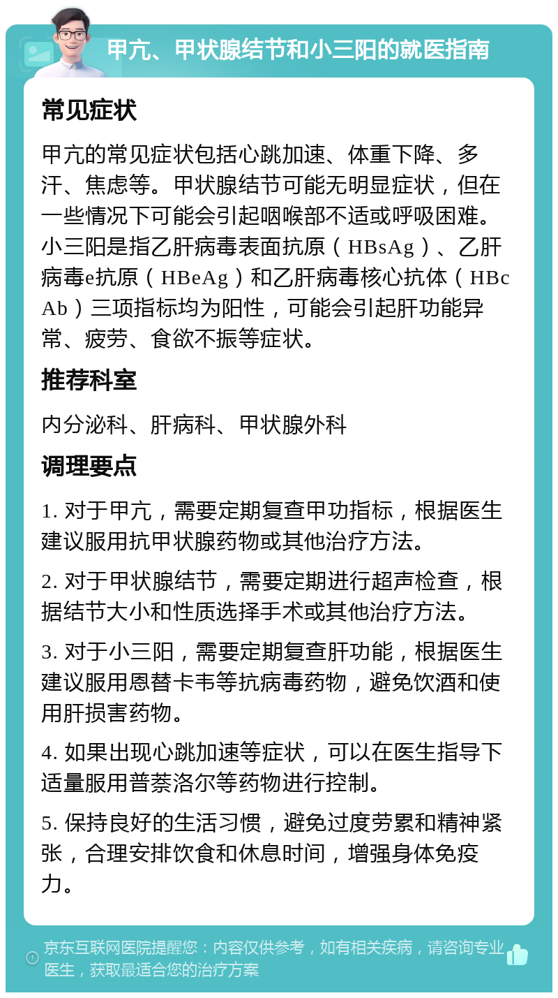 甲亢、甲状腺结节和小三阳的就医指南 常见症状 甲亢的常见症状包括心跳加速、体重下降、多汗、焦虑等。甲状腺结节可能无明显症状，但在一些情况下可能会引起咽喉部不适或呼吸困难。小三阳是指乙肝病毒表面抗原（HBsAg）、乙肝病毒e抗原（HBeAg）和乙肝病毒核心抗体（HBcAb）三项指标均为阳性，可能会引起肝功能异常、疲劳、食欲不振等症状。 推荐科室 内分泌科、肝病科、甲状腺外科 调理要点 1. 对于甲亢，需要定期复查甲功指标，根据医生建议服用抗甲状腺药物或其他治疗方法。 2. 对于甲状腺结节，需要定期进行超声检查，根据结节大小和性质选择手术或其他治疗方法。 3. 对于小三阳，需要定期复查肝功能，根据医生建议服用恩替卡韦等抗病毒药物，避免饮酒和使用肝损害药物。 4. 如果出现心跳加速等症状，可以在医生指导下适量服用普萘洛尔等药物进行控制。 5. 保持良好的生活习惯，避免过度劳累和精神紧张，合理安排饮食和休息时间，增强身体免疫力。