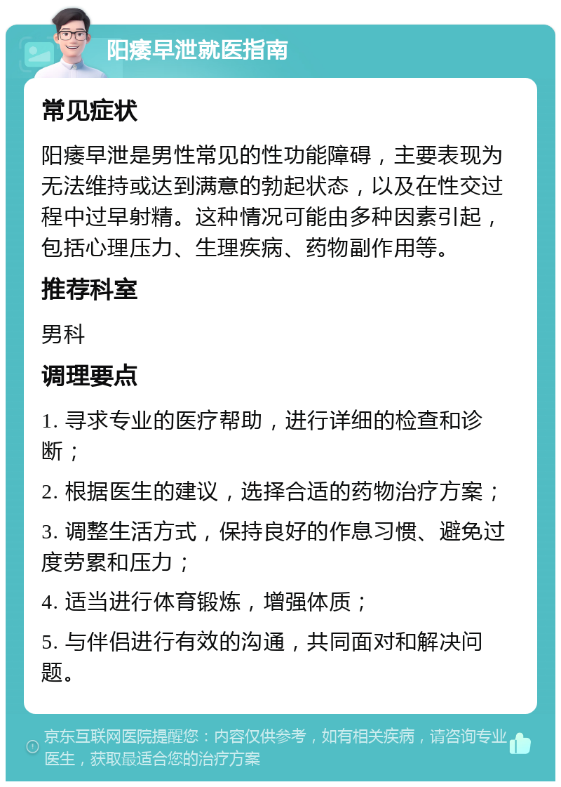 阳痿早泄就医指南 常见症状 阳痿早泄是男性常见的性功能障碍，主要表现为无法维持或达到满意的勃起状态，以及在性交过程中过早射精。这种情况可能由多种因素引起，包括心理压力、生理疾病、药物副作用等。 推荐科室 男科 调理要点 1. 寻求专业的医疗帮助，进行详细的检查和诊断； 2. 根据医生的建议，选择合适的药物治疗方案； 3. 调整生活方式，保持良好的作息习惯、避免过度劳累和压力； 4. 适当进行体育锻炼，增强体质； 5. 与伴侣进行有效的沟通，共同面对和解决问题。