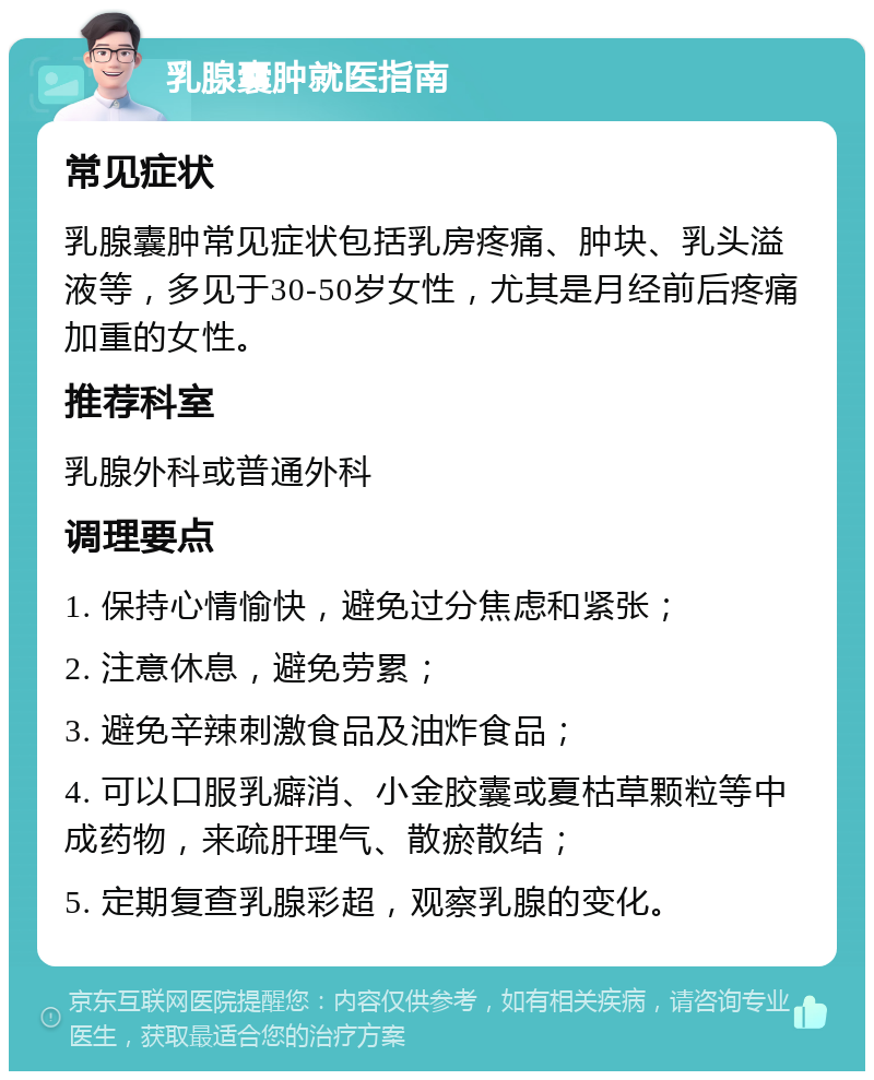 乳腺囊肿就医指南 常见症状 乳腺囊肿常见症状包括乳房疼痛、肿块、乳头溢液等，多见于30-50岁女性，尤其是月经前后疼痛加重的女性。 推荐科室 乳腺外科或普通外科 调理要点 1. 保持心情愉快，避免过分焦虑和紧张； 2. 注意休息，避免劳累； 3. 避免辛辣刺激食品及油炸食品； 4. 可以口服乳癖消、小金胶囊或夏枯草颗粒等中成药物，来疏肝理气、散瘀散结； 5. 定期复查乳腺彩超，观察乳腺的变化。